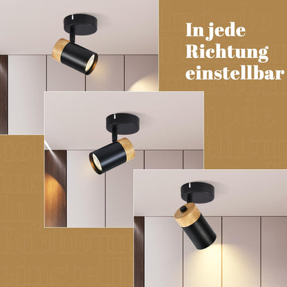 ZMH Deckenstrahler Holz Deckenleuchte 1 Flammig - Deckenspots GU10 Schwenkbar 330° LED Flurlampe Schwarz Vintage Deckenlampe Innen für Gang Flur Wohnzimmer Schlafzimmer Küche Ohne Leuchtmittel