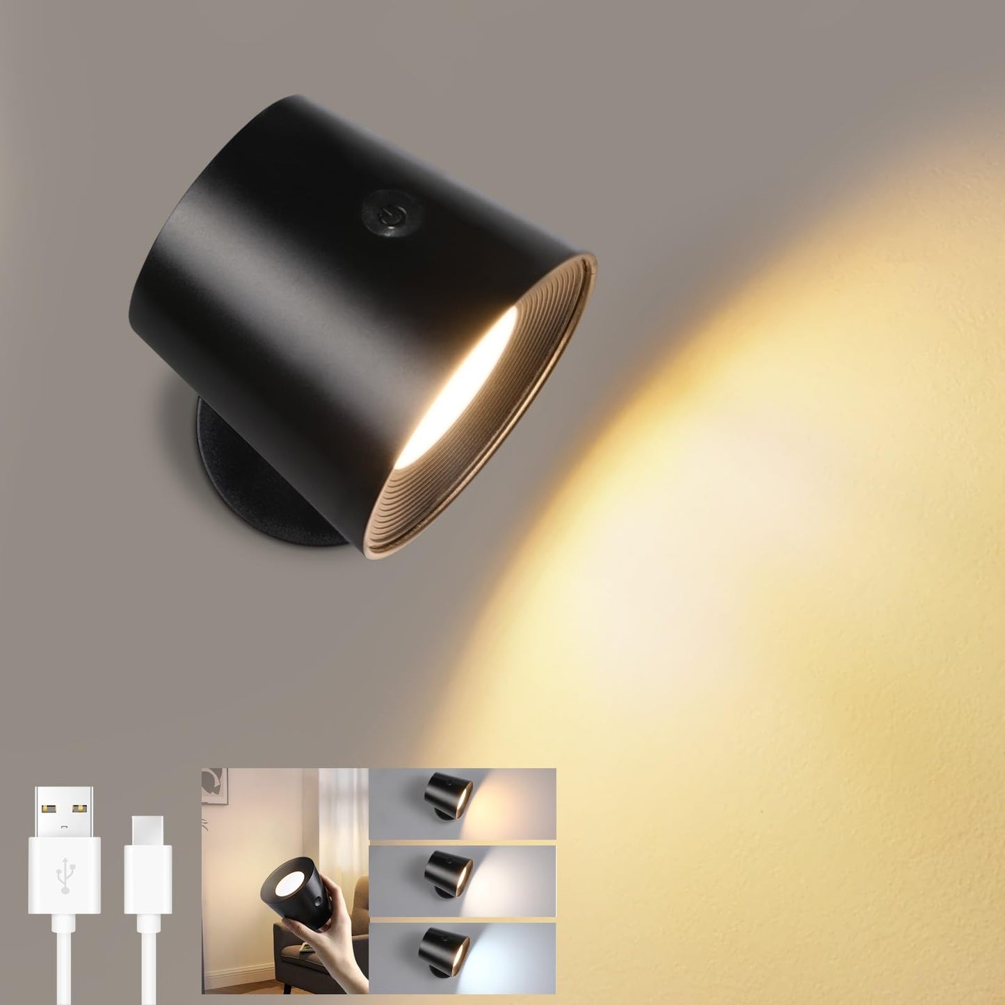 ZMH Wandlampe LED Wandleuchte Innen: Wandlampe mit akku ohne Stromanschluss mit Touch Dimmbar 360° drehbar Leselampe Schwarze Kabellose Wandlicht ohne bohren für Schlafzimmer Flur