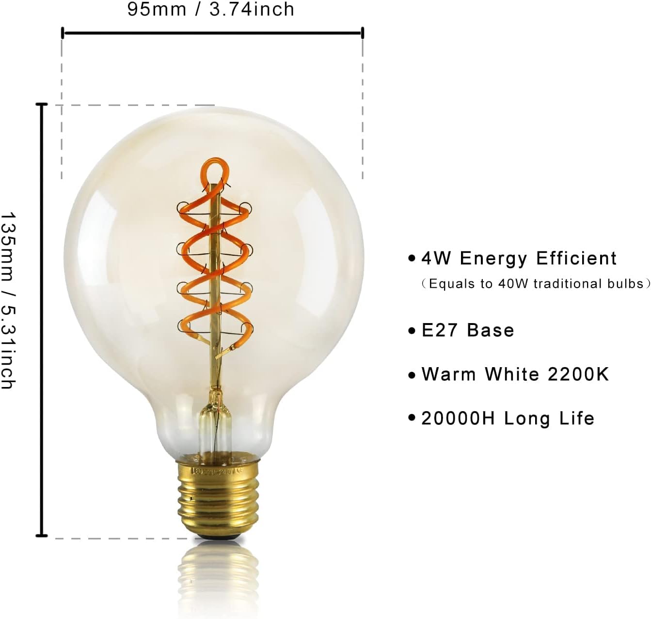 ZMH 1er pack LED Lampe E27 Glühbirne: G95 Vintage Warmweiss Leuchtmittel 4W 2200K Edison Glühlampe Retro Filament Birnen Bulb Energiesparlampe für Haus Café Bar nicht Dimmbar