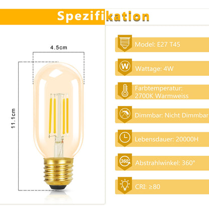 ZMH 4er pack E27 LED Warmweiss Vintage Glühbirnen - T45 LED Leuchtmittel Lampe E27 Birnen Edison 4W 2700K Energiesparlampe Light Bulbs Glühlampen Filament Retro Glas 360° Abstrahlwinkel