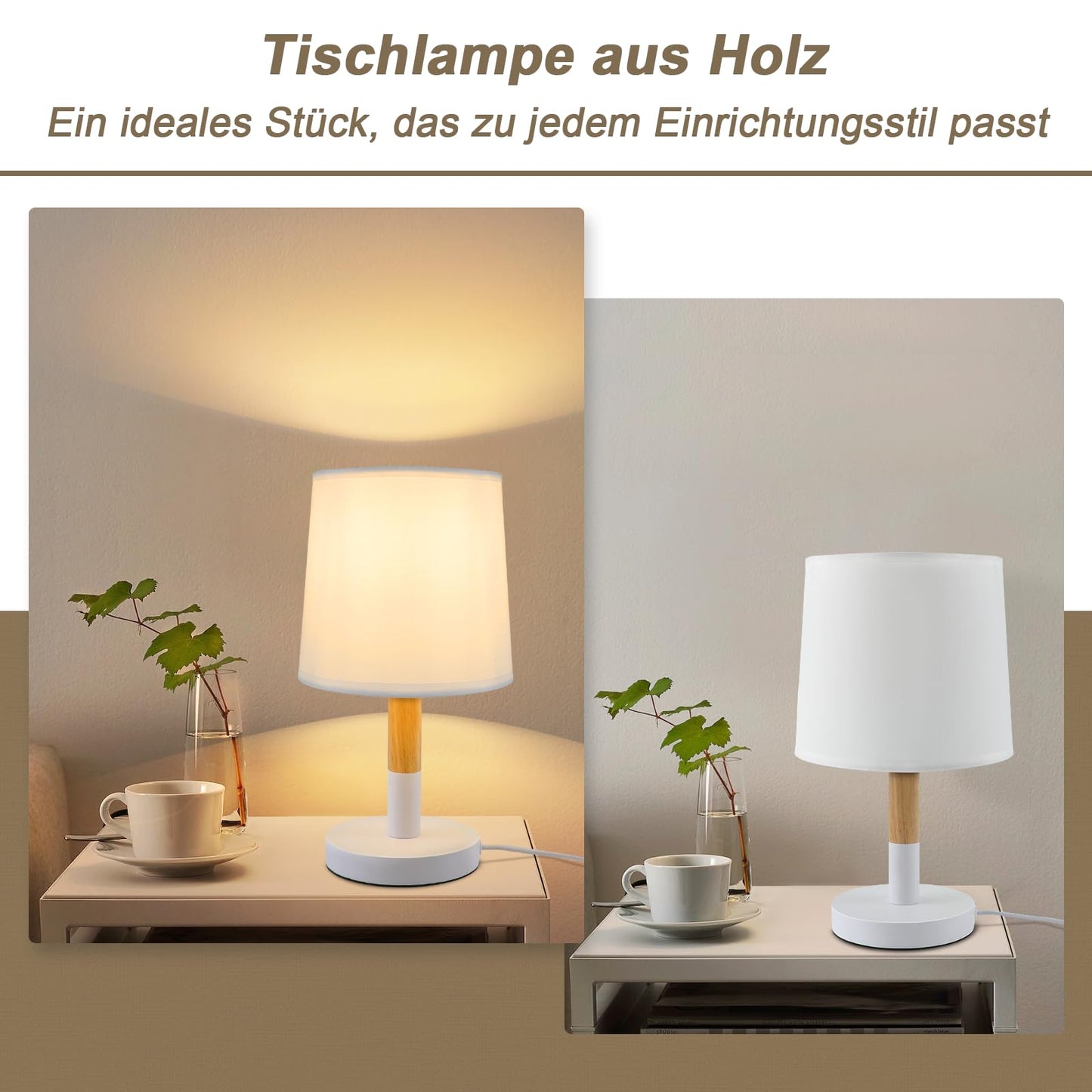 ZMH Nachttischlampe 2er Set Tischlampe Wohnzimmer - Tischleuchte Holz E27 Fassung Bedside Lamp Schlafzimmer Weiß Landhausstil Nachttischleuchte Nachttisch Modern Für Esszimmer Landhaus Restaurant