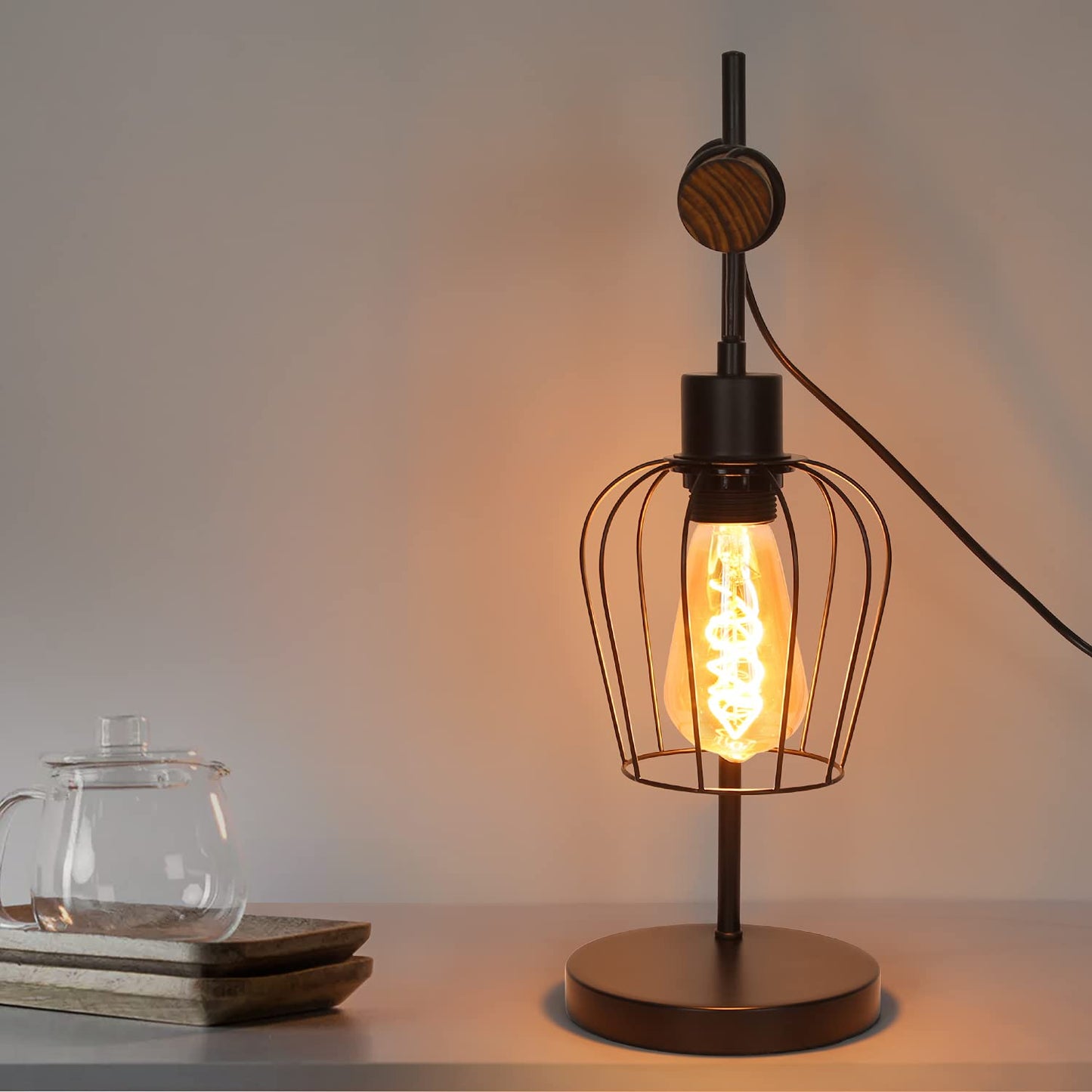 ZMH Retro Tischlampe 1 flammige Vintage Nachttischlampe Wohnzimmer Tischleuchte im Industrial Design aus Metall und Holz - Schwarz - Fassung: E27 - inkl. Schalter - ohne Leuchtmittel (50CM)