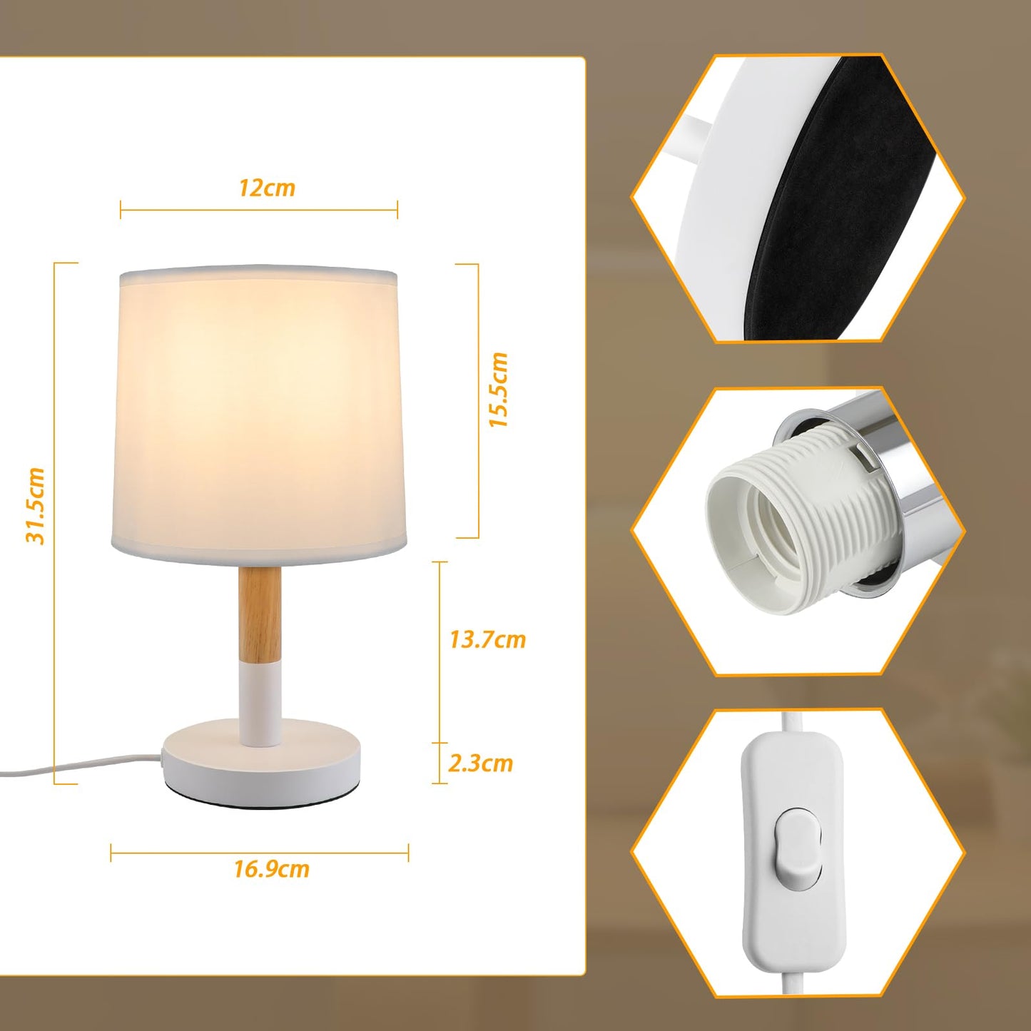 ZMH Nachttischlampe 2er Set Tischlampe Wohnzimmer - Tischleuchte Holz E27 Fassung Bedside Lamp Schlafzimmer Weiß Landhausstil Nachttischleuchte Nachttisch Modern Für Esszimmer Landhaus Restaurant