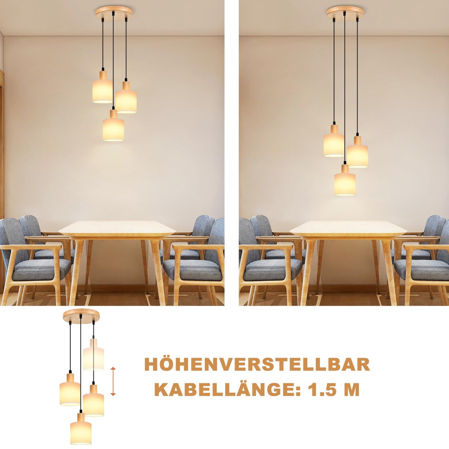 ZMH Pendelleuchte Holz Esstischlampe Vintage - Hängelampe Esstisch E14 Hängeleuchte Weiß Pendellampe 3 Flammig Rund Esstischlampe für Esszimmer Restaurant Küche Schlafzimmer Arbeitszimmer