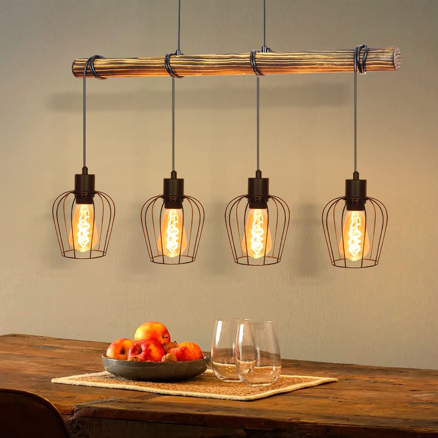 ZMH Retro Pendelleuchte Vintage Hängelampe 4 flammige Holz Esszimmerlampe Pendellampe Wohnzimmer im Industrial Design mit höhenverstellbaren Strahlern - Schwar - Fassung: E27 - ohne Leuchtmittel