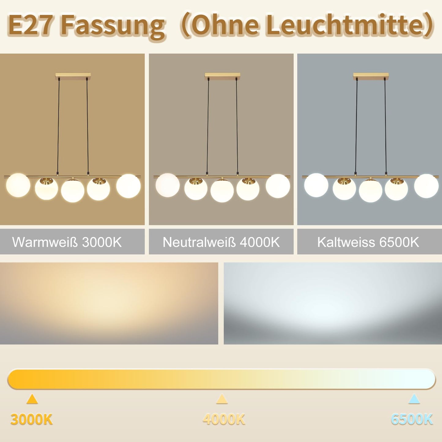 ZMH Pendelleuchte Esstisch Hängeleuchte Modern - E27 Glas Hängelampe Gold Esszimmerlampe 150CM Höhenverstellbar Vintage Esstischlampe für Esszimmer Wohnzimmer Bartheke I ohne Leuchtmittel