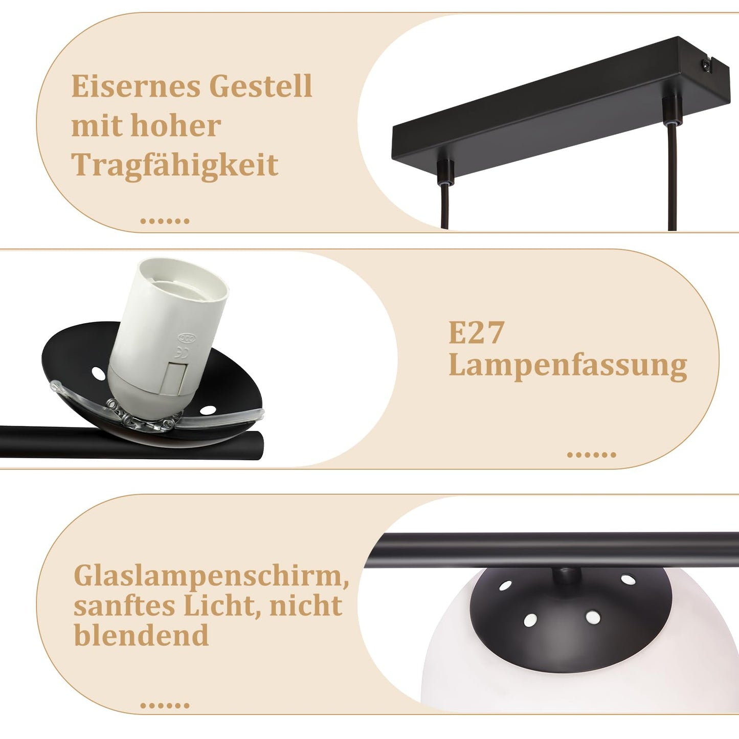 ZMH Pendelleuchte Esstisch Hängeleuchte Schwarz - E27 Glas Hängelampe 5-Flammig Esszimmerlampe Modern 150CM Höhenverstellbar Esstischlampe für Esszimmer Wohnzimmer Bartheke I ohne Leuchtmittel