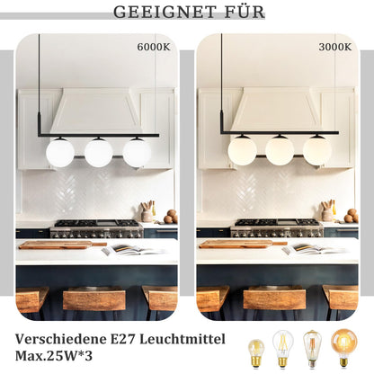 ZMH Pendelleuchte E27 Esszimmerlampe Glaskugel - Pendellampe 3 Flammig Esstisch Schwarz Esstischlampe Vintage Hängelampe Metall Hängeleuchte Höhenverstellbar Wohnzimmer Esszimmer Küche Flur