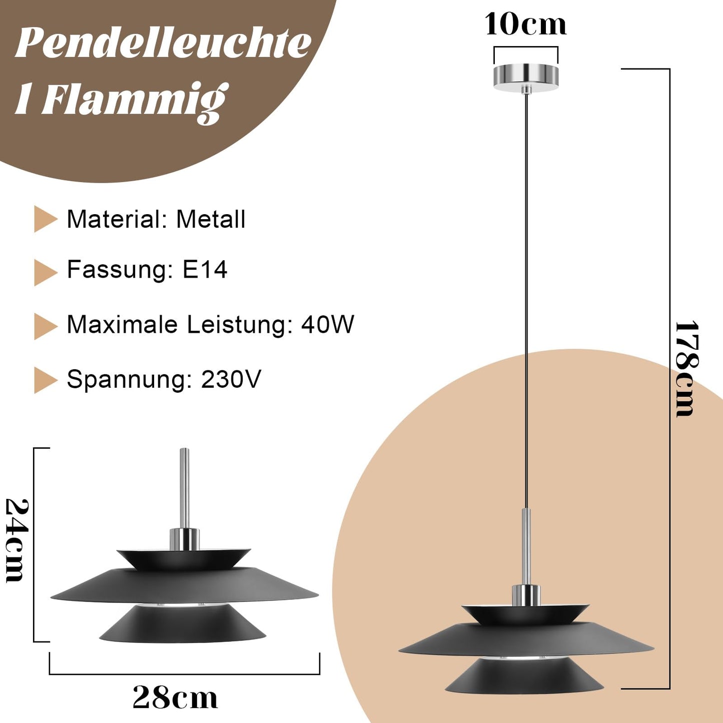 ZMH Hängelampe Esstisch Pendelleuchte Schwarz - Hängeleuchte Esszimmer Modern Esszimmerlampe Wohnzimmer E14 Esstischlampe Schlafzimmer 1 Flammig Pendellampe für Küche Hotel Flur(ohne Leuchtmittel)