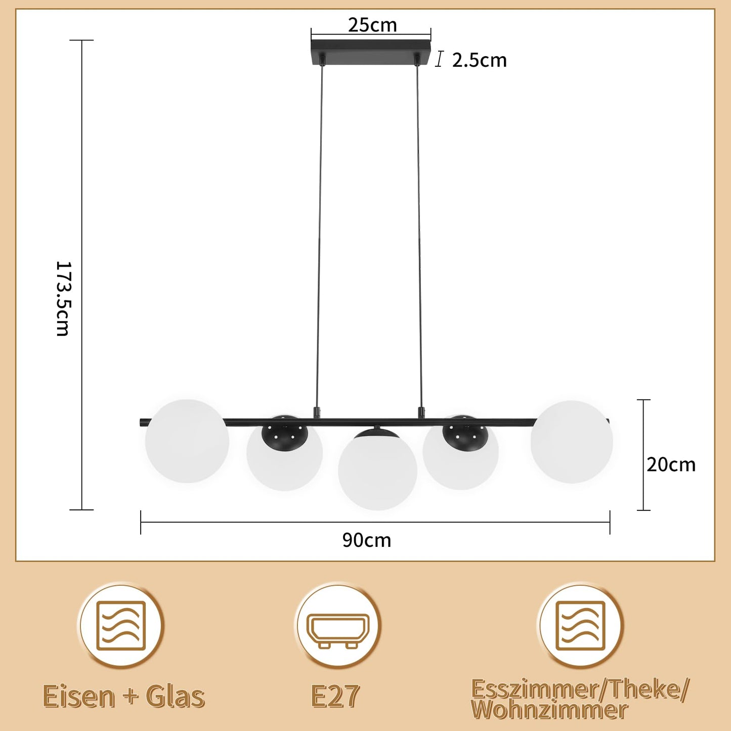 ZMH Pendelleuchte Esstisch Hängeleuchte Schwarz - E27 Glas Hängelampe 5-Flammig Esszimmerlampe Modern 150CM Höhenverstellbar Esstischlampe für Esszimmer Wohnzimmer Bartheke I ohne Leuchtmittel