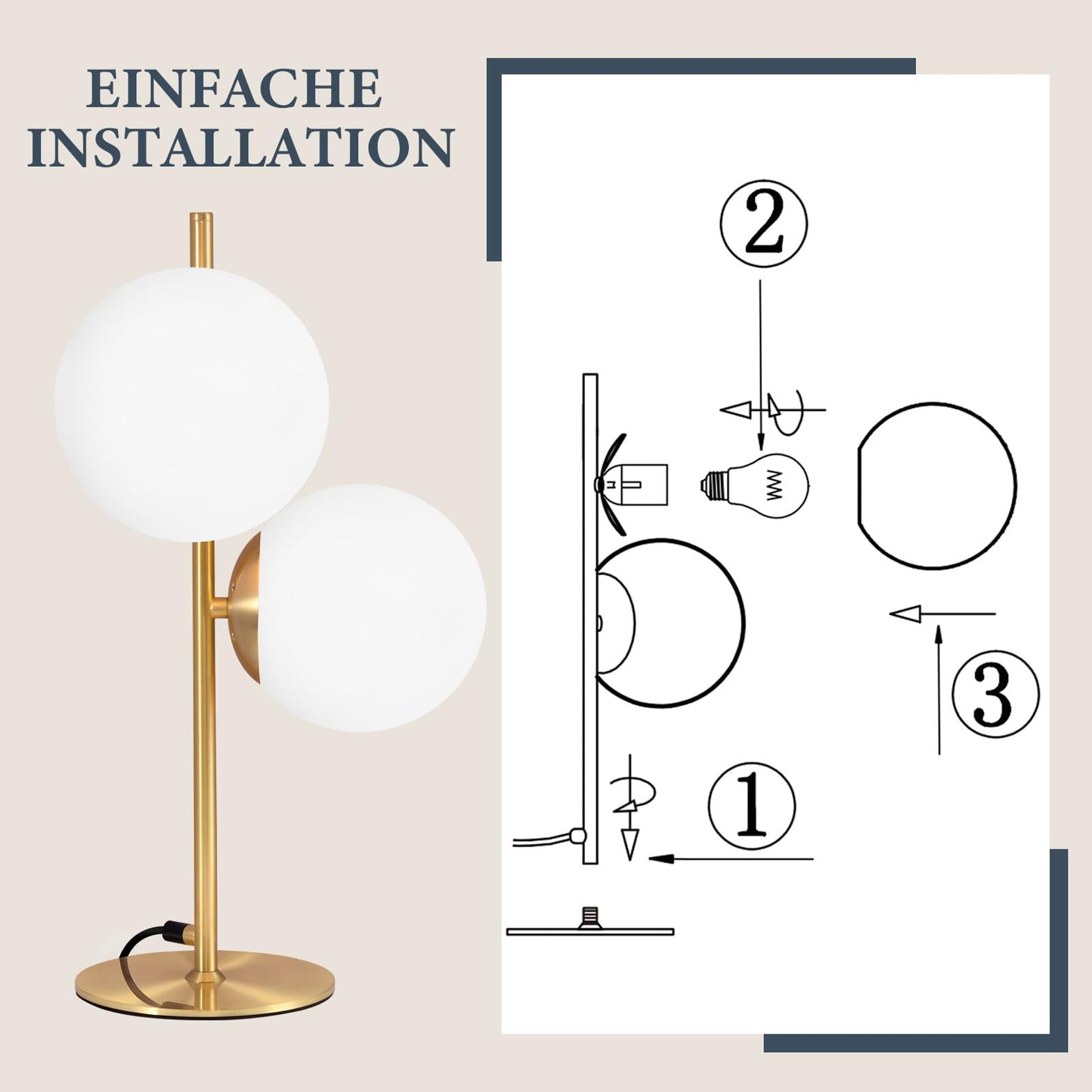 ZMH Tischlampe Wohnzimmer Modern Nachttischlampe - Industrial Tischleuchte Gold 2 Flammig mit Schalter Metall Design aus Weiß Glas Nachttischleuchte Messing E27 für Schlafzimmer Kinderzimmer Büro