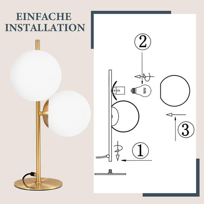 ZMH Tischlampe Wohnzimmer Modern Nachttischlampe - Industrial Tischleuchte Gold 2 Flammig mit Schalter Metall Design aus Weiß Glas Nachttischleuchte Messing E27 für Schlafzimmer Kinderzimmer Büro