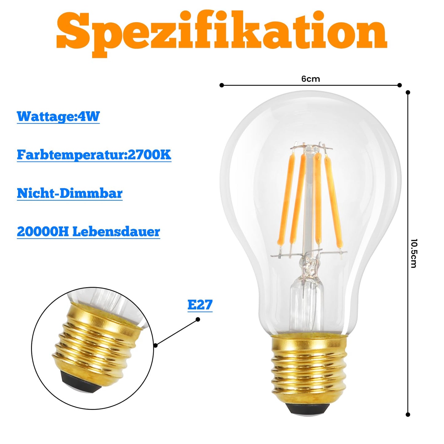 ZMH 6er pack LED E27 Glühbirne: A60 Vintage Lampe Edison Leuchtmittel 4W 2700K Warmweiss Glühlampe Retro Filament Birnen Bulb Energiesparlampe für Haus Café Bar - Nicht Dimmbar