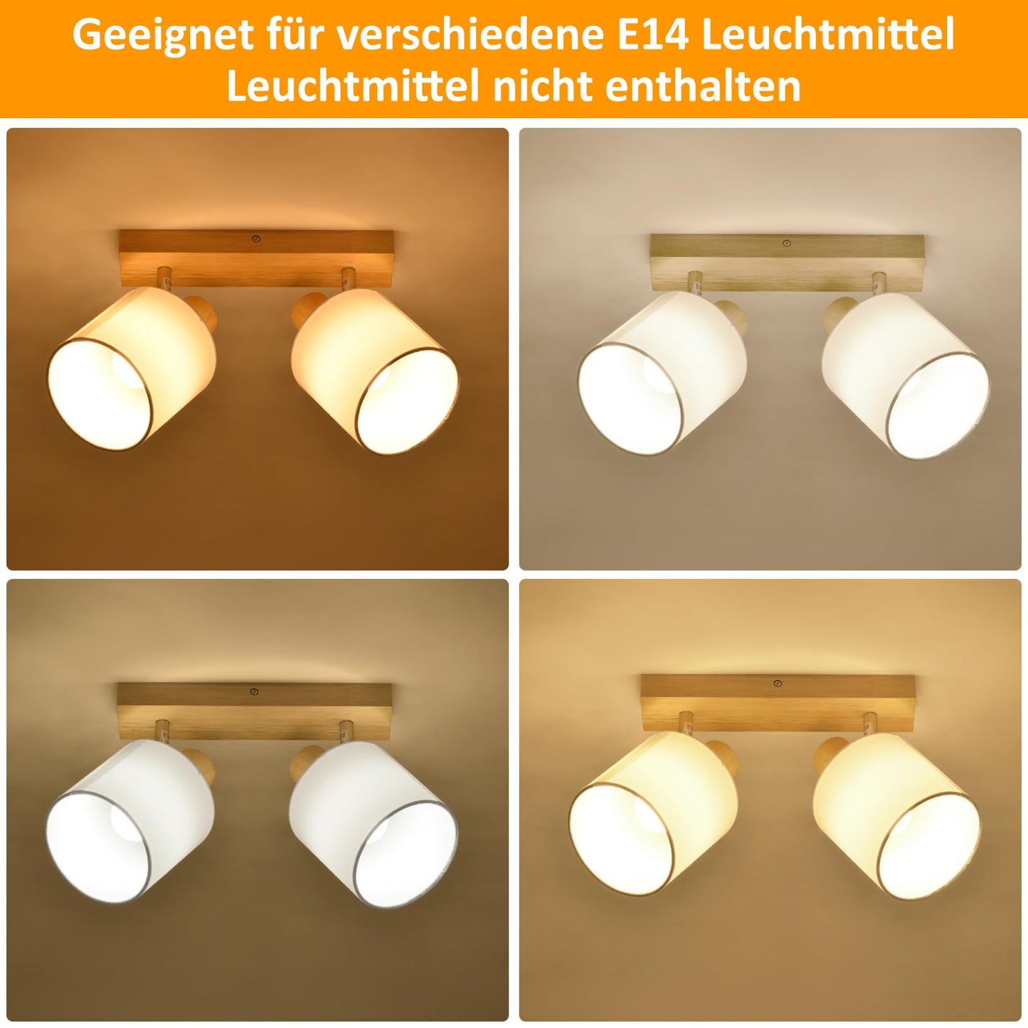 ZMH Deckenleuchte 2 Flammig Deckenlampe Flur - Deckenstrahler Vintage Holz Deckenspot Wandstrahler Schwenkbar 350° E14 MAX.25W lampe für Wohnzimmer Schlafzimmer Küche (ohne Leuchtmittel)