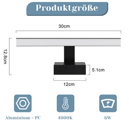 ZMH LED Spiegelleuchte Bad 30CM - 6W Spiegellampe Badezimmer Schwarz Badleuchte Wand Wasserdicht IP44 Wandlampe Modern Neutral 4000K Wandleuchte für Keller Küche Badschrank