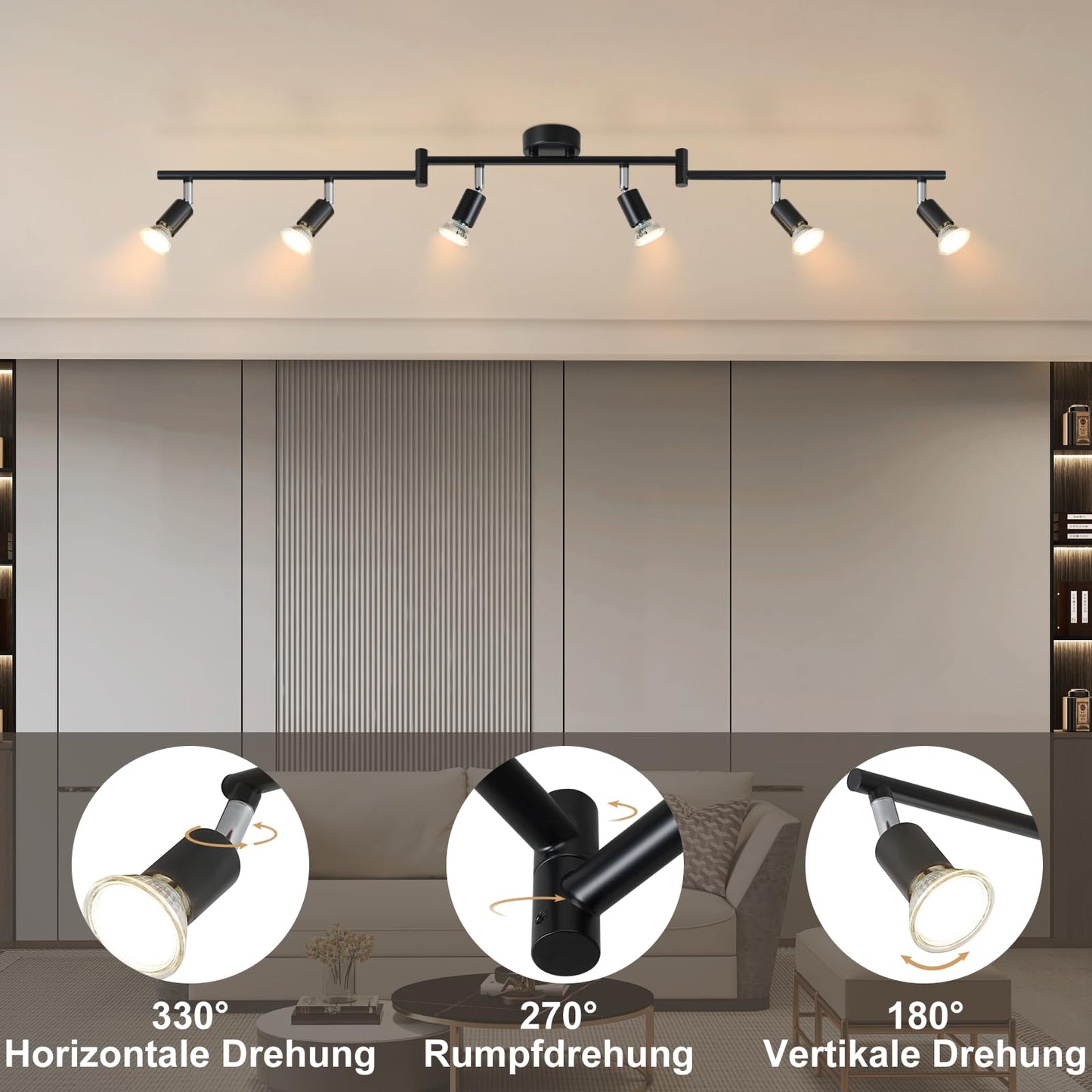 ZMH LED Deckenstrahler 6 Flammig Wohnzimmer - Schwarz Deckenleuchte Modern Deckenlampe GU10 Deckenspot Schwenkbar 330°Drehbar Küchelampe Spot Strahler Decke Schlafzimmer Ohne Leuchtmittel