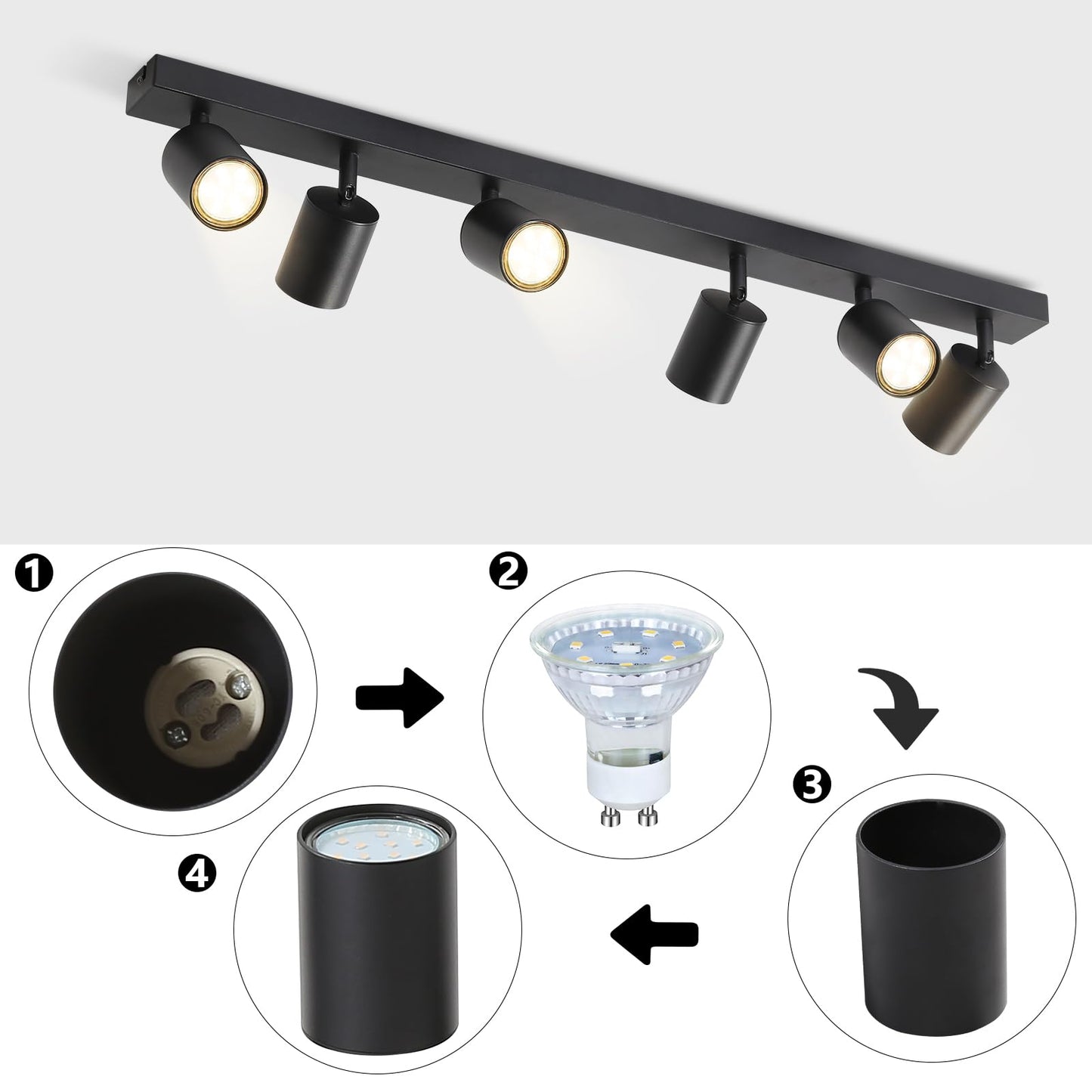 ZMH LED Deckenleuchte Schwarz Deckenstrahler: GU10 Deckenlampe Spots 6 Flammig 330°Schwenkbar Deckenspots Modern Flurlampe Industrial Wandstrahler für Wohnzimmer Schlafzimmer Küche Ohne Leuchtmittel