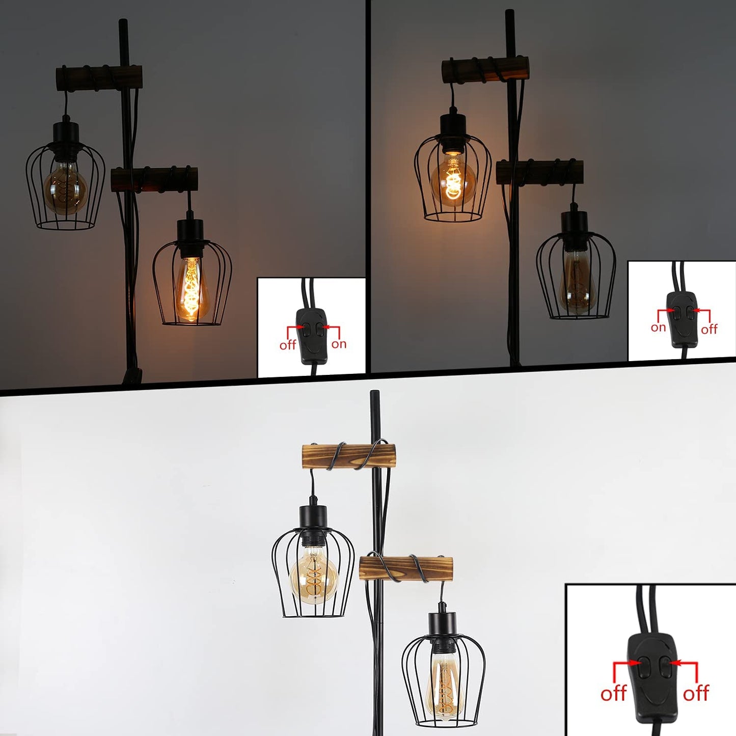 ZMH Vintage Stehlampe Wohnzimmer 2 flammige Holz Retro Standleuchte im Industrial Design aus Metall und Holz - inkl. Schalter - Schwarz - Fassung: E27 - Höhe: 151cm - ohne Leuchtmittel