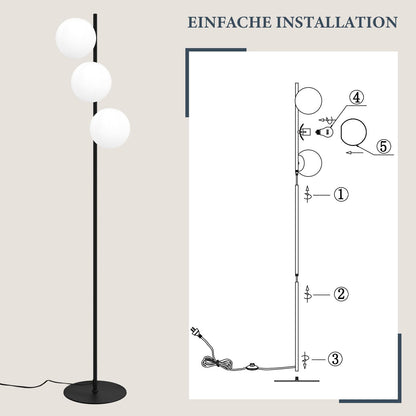 ZMH Stehlampe Wohnzimmer Industrial Standleuchte - Schwarz Modern Stehleuchte 3 Flammig mit Fußschalter Metall Design aus Weiß Glas Standlampe E27 Vintage Bodenlampe für Schlafzimmer kinderzimmer Büro