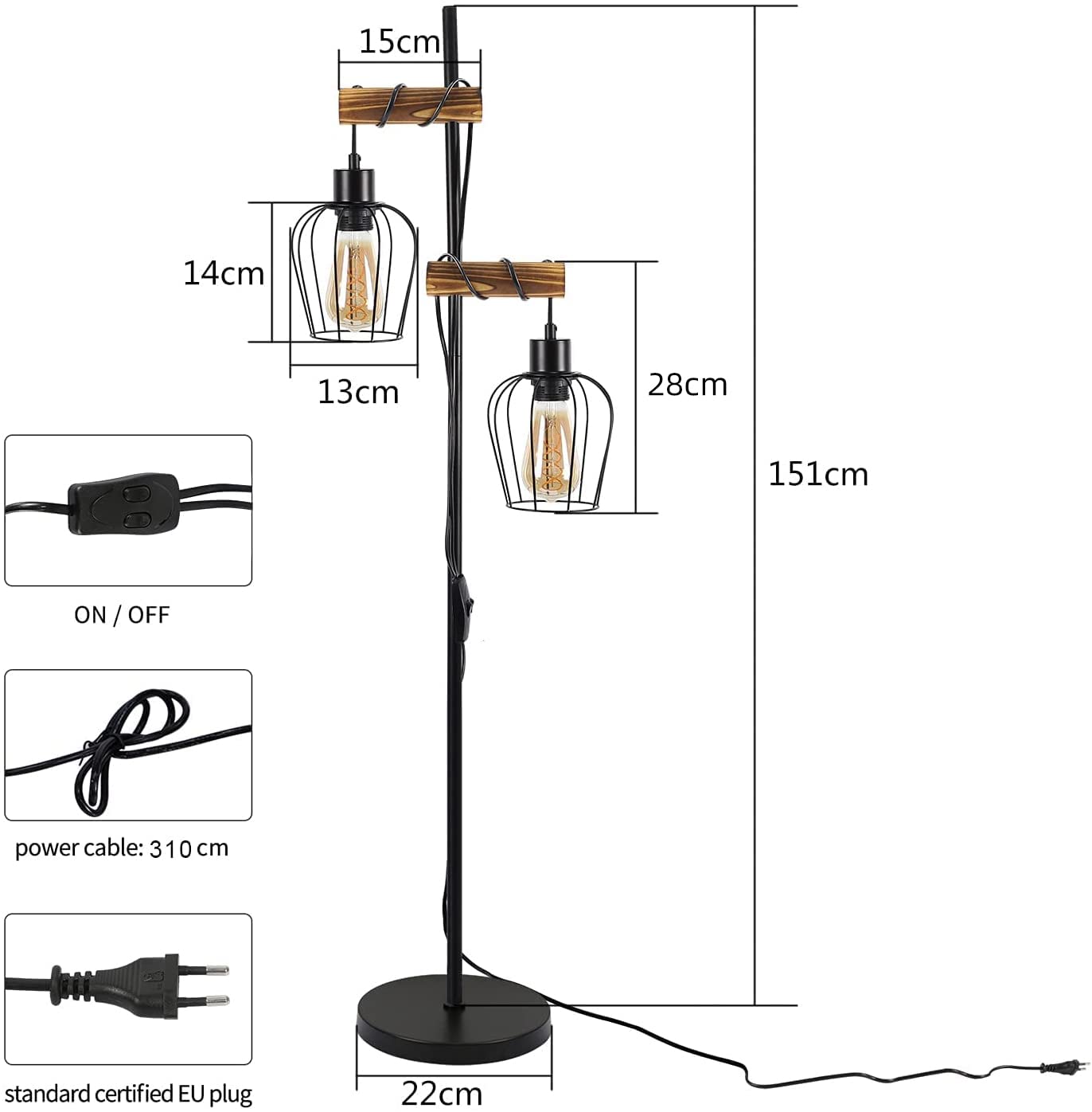 ZMH Vintage Stehlampe Wohnzimmer 2 flammige Holz Retro Standleuchte im Industrial Design aus Metall und Holz - inkl. Schalter - Schwarz - Fassung: E27 - Höhe: 151cm - ohne Leuchtmittel