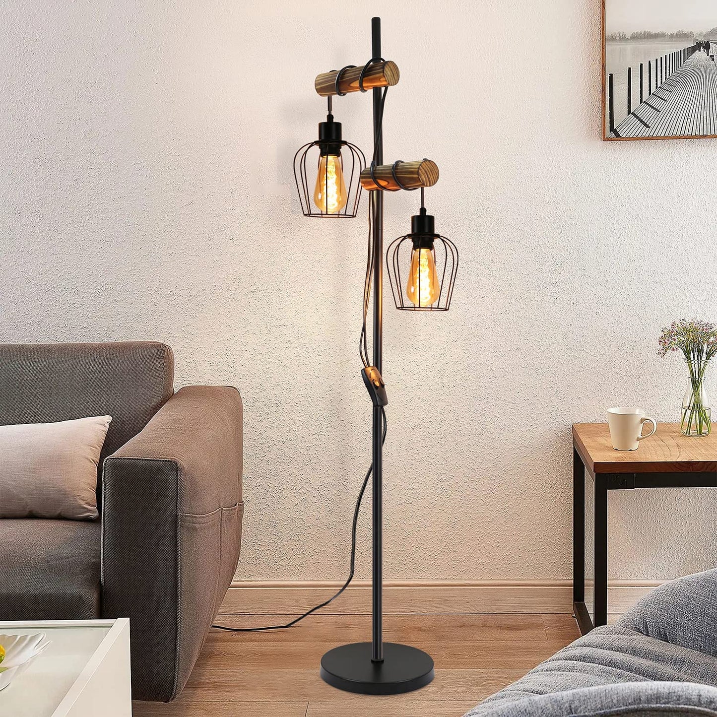 ZMH Vintage Stehlampe Wohnzimmer 2 flammige Holz Retro Standleuchte im Industrial Design aus Metall und Holz - inkl. Schalter - Schwarz - Fassung: E27 - Höhe: 151cm - ohne Leuchtmittel