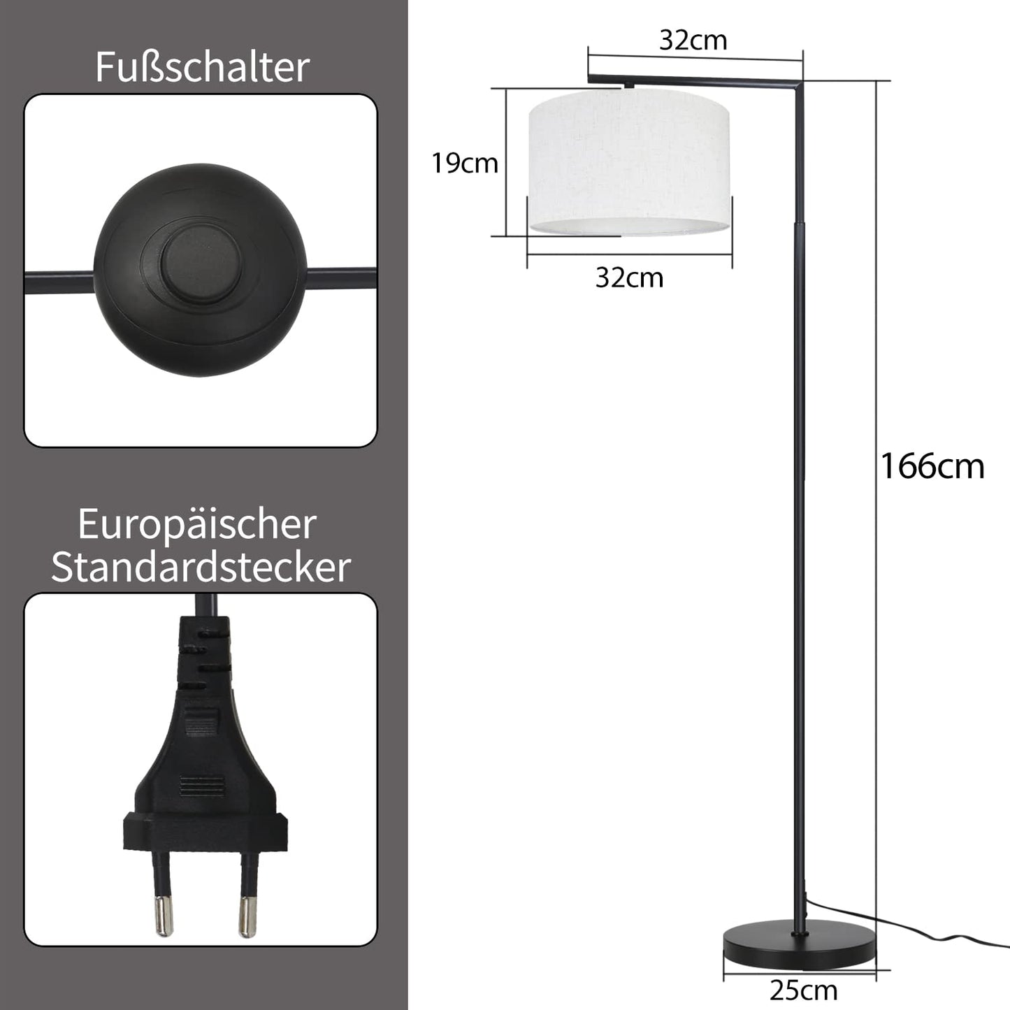 ZMH Stehlampe Modern Wohnzimmer Stehleuchte: bogenlampe Leselampe Schlafzimmer E27 Fassung Max. 40W Standleuchte Fußschalter Stoffschirm Design 166cm für Büro Sofa Hotel - Ohne Leuchtmittel