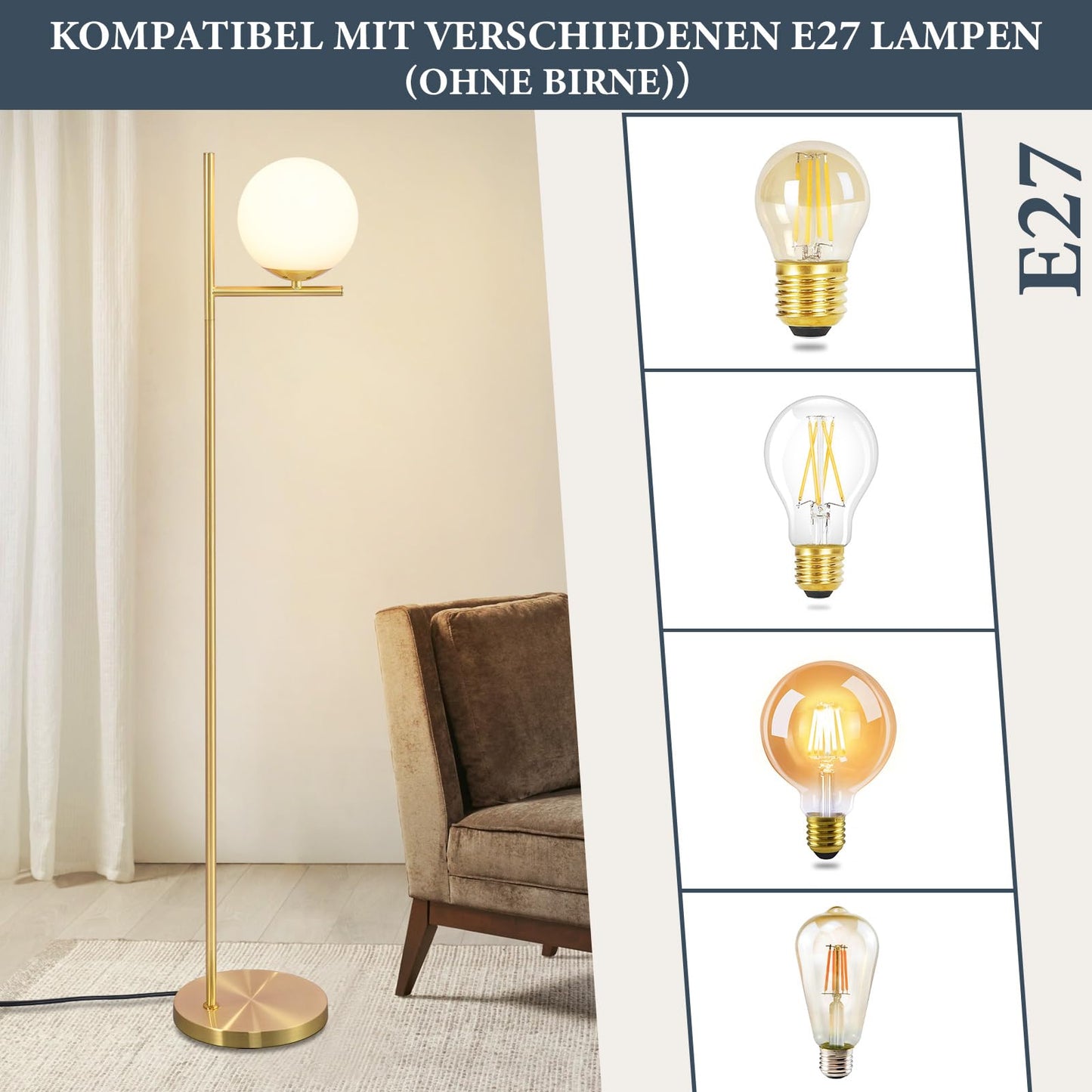 ZMH Stehlampe Wohnzimmer Modern Standleuchte - Gold Industrial Stehleuchte mit Fußschalter Metall Design aus Weiß Glas Standlampe E27 Vintage Bodenlampe Kabel 2M für Schlafzimmer Büro kinderzimmer