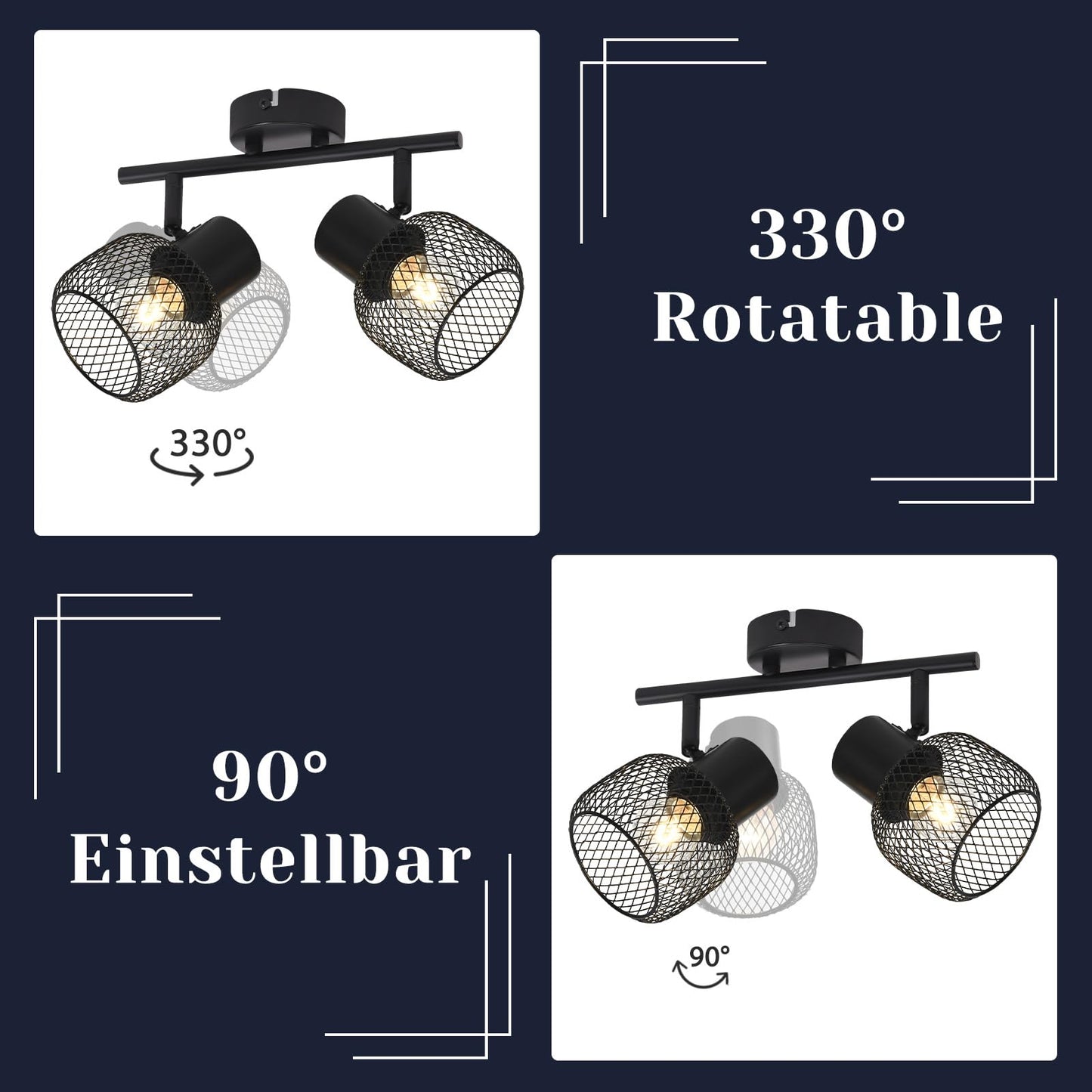 ZMH Deckenleuchte Vintage Deckenstrahler 2 Flammig - Deckenlampe Schwarz Metall LED Drehbar 330°Strahler Innen für Flurlampe Wohnzimmer flur Schlafzimmer Küche E27 Max.25W Ohne Leuchtmittel