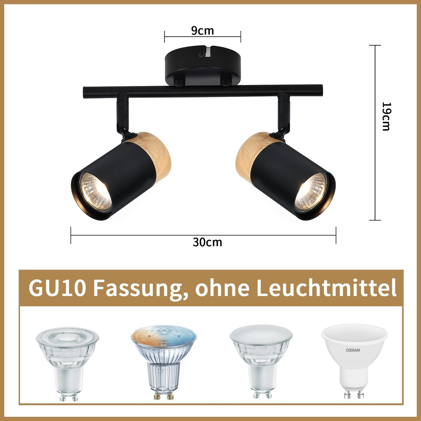 ZMH Deckenstrahler 2 Flammig Holz Deckenlampe - GU10 LED Deckenleuchte Schwarz Schwenkbar 330° Spotlight für Flur Garage Wohnzimmer Schlafzimmer Küche Ohne Leuchtmittel