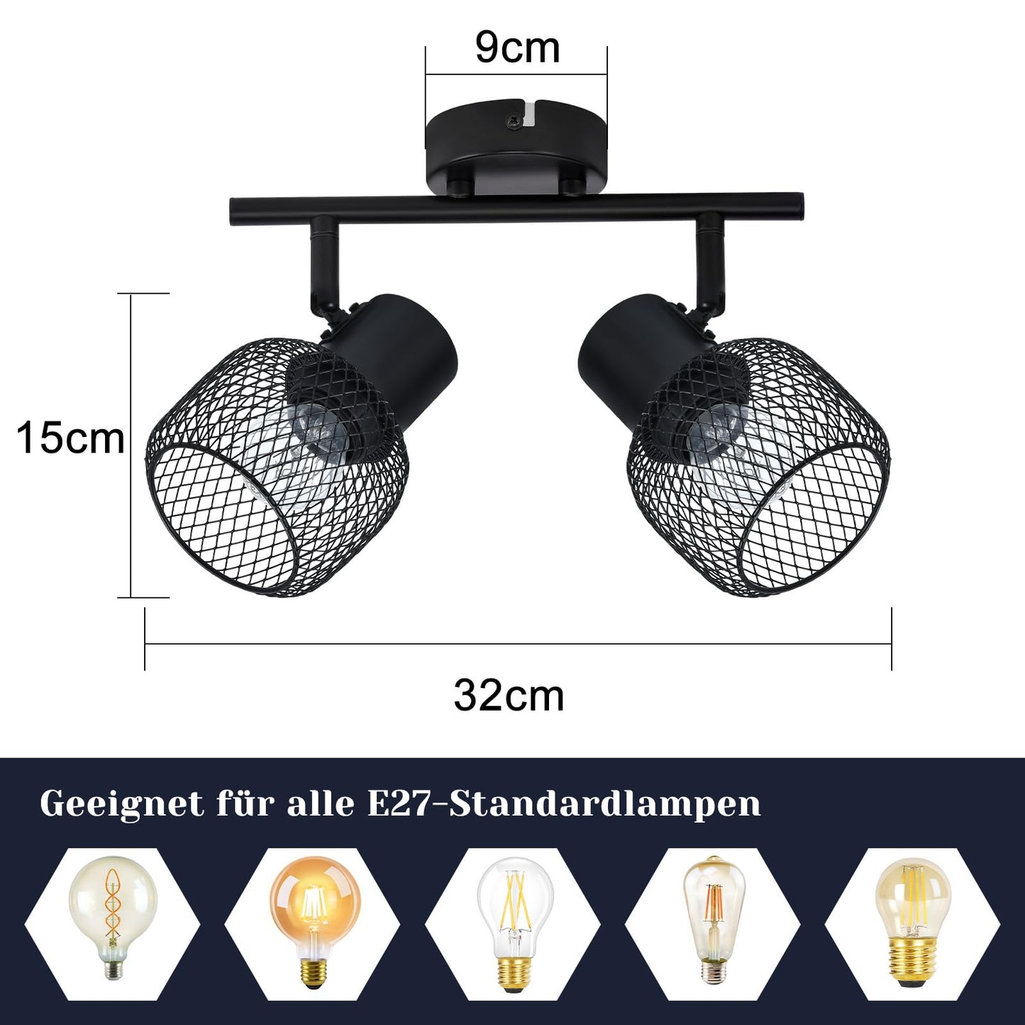 ZMH Deckenleuchte Vintage Deckenstrahler 2 Flammig - Deckenlampe Schwarz Metall LED Drehbar 330°Strahler Innen für Flurlampe Wohnzimmer flur Schlafzimmer Küche E27 Max.25W Ohne Leuchtmittel