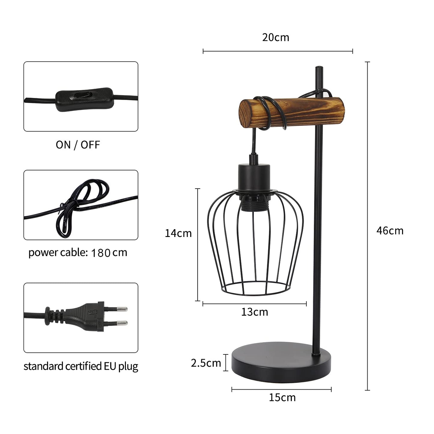 ZMH Retro Tischlampe 1 flammige Vintage Nachttischlampe Wohnzimmer Tischleuchte im Industrial Design aus Metall und Holz - Schwarz - Fassung: E27 - inkl. Schalter - ohne Leuchtmittel (50CM)