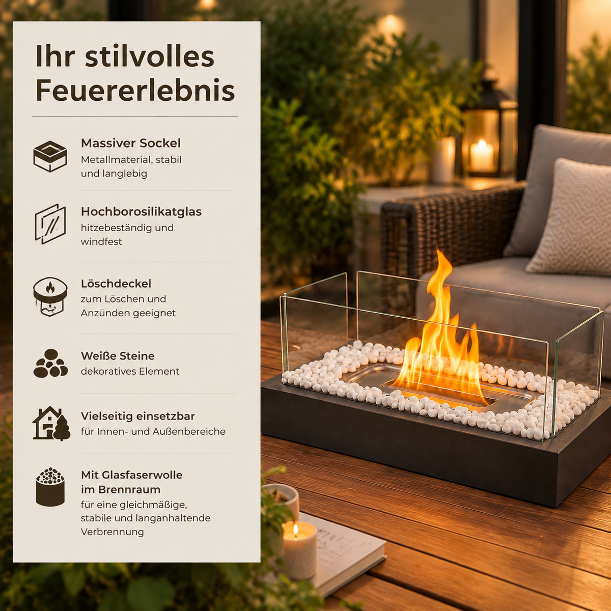 ZMH Bio-Ethanol Tischkamin – Allseitig verglast, Rechteckig, Tischfeuer für Innenräume