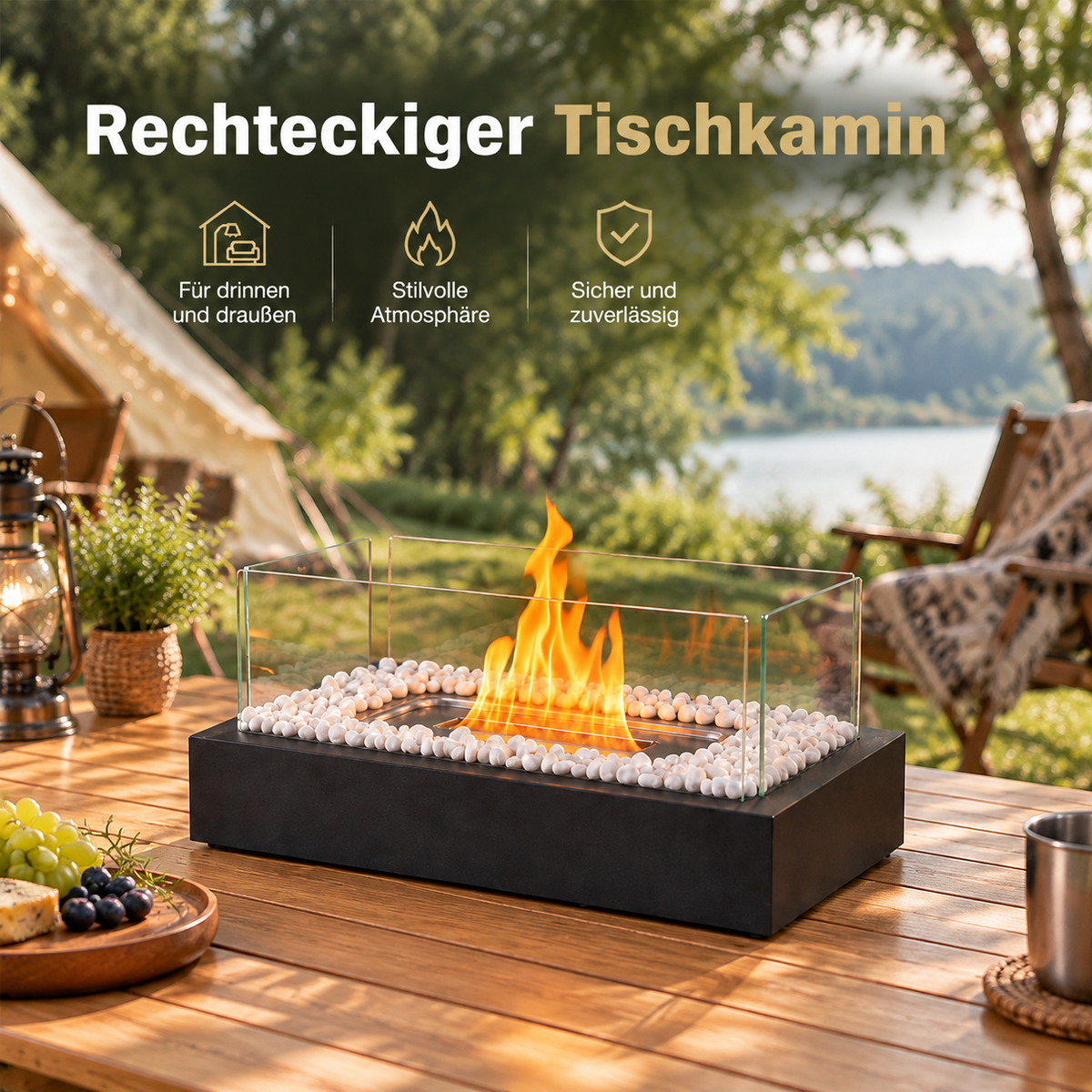 ZMH Bio-Ethanol Tischkamin – Allseitig verglast, Rechteckig, Tischfeuer für Innenräume
