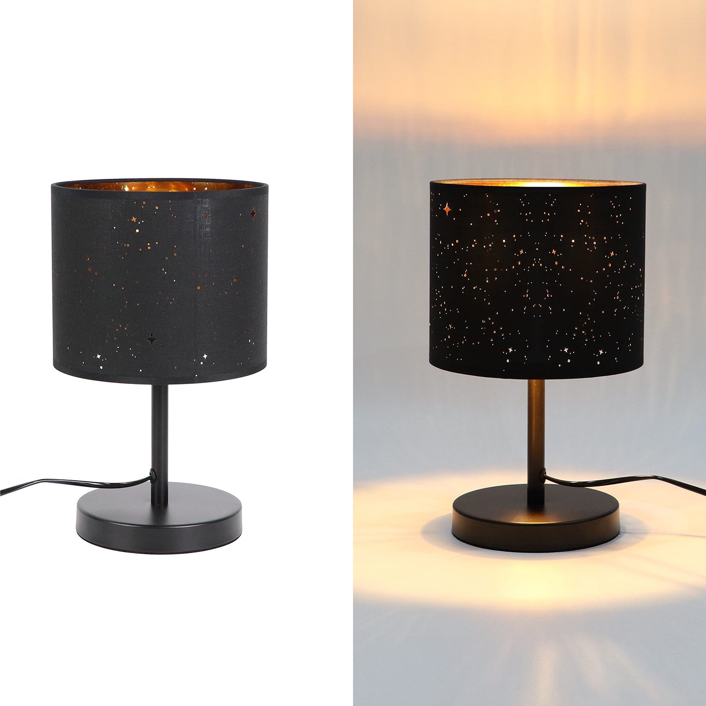 ZMH Tischlampe Landhausstil Nachttischlampe aus Stoff - E27 Fassung Vintage Tischleuchte Wohnzimmer Stern Design Retro Lampenschirm Schwarz Gold Nachttischleuchte für Schlafzimmer Hotel Café