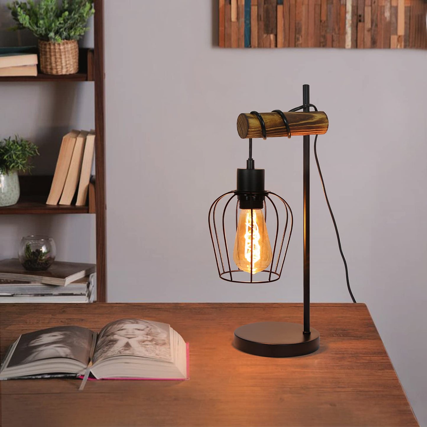 ZMH Retro Tischlampe 1 flammige Vintage Nachttischlampe Wohnzimmer Tischleuchte im Industrial Design aus Metall und Holz - Schwarz - Fassung: E27 - inkl. Schalter - ohne Leuchtmittel (50CM)