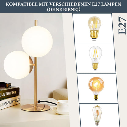 ZMH Tischlampe Wohnzimmer Modern Nachttischlampe - Industrial Tischleuchte Gold 2 Flammig mit Schalter Metall Design aus Weiß Glas Nachttischleuchte Messing E27 für Schlafzimmer Kinderzimmer Büro