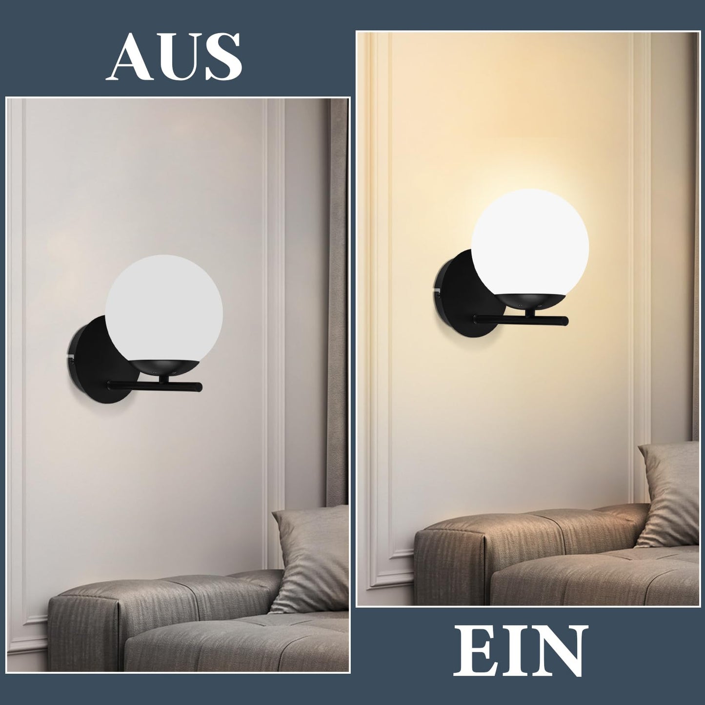 ZMH Wandleuchte Schwarz Wandlampe Innen - E27 Metall Design Modern aus Glas Bettlampe Wandbeleuchtung Badezimmer Vintage Flurlampe für Wohnzimmer Schlafzimmer Flur Kinderzimmer - Ohne Leuchtmittel