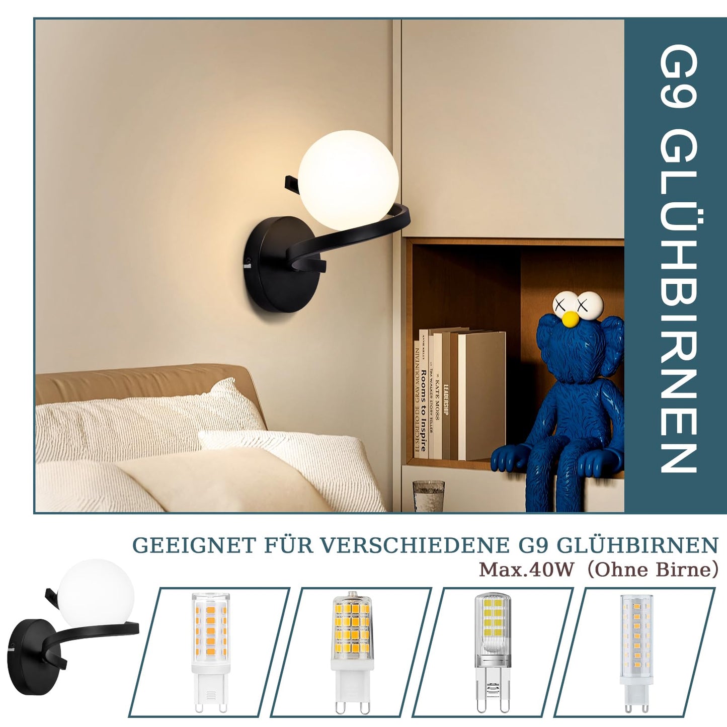 ZMH Wandleuchte Badezimmer Wandspots Glaskugel - Wandlampe G9 Schwarz Flurlampe Metall Küche Flurlampe Wandstrahler 1 Flammig Weiß Innen Wohnzimmerlampe für Schlafzimmer Treppen Kinderzimmer