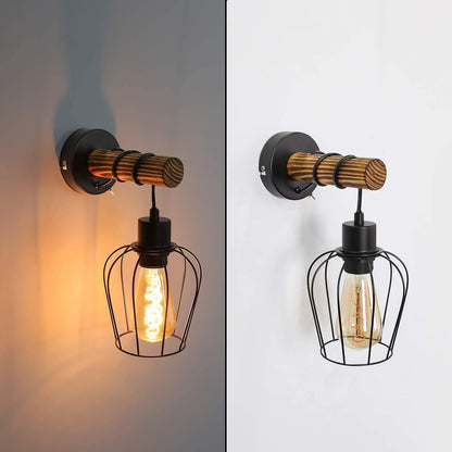 ZMH Wandleuchte innen Holz Wandlampe Vintage Retro mit Schalter Industrial Design E27 Wandstrahler Schwarz mit 1 Flammig aus Metall Wandspot für Schlafzimmer Wohnzimmer Flur Cafe - Ohne Leuchtmittel