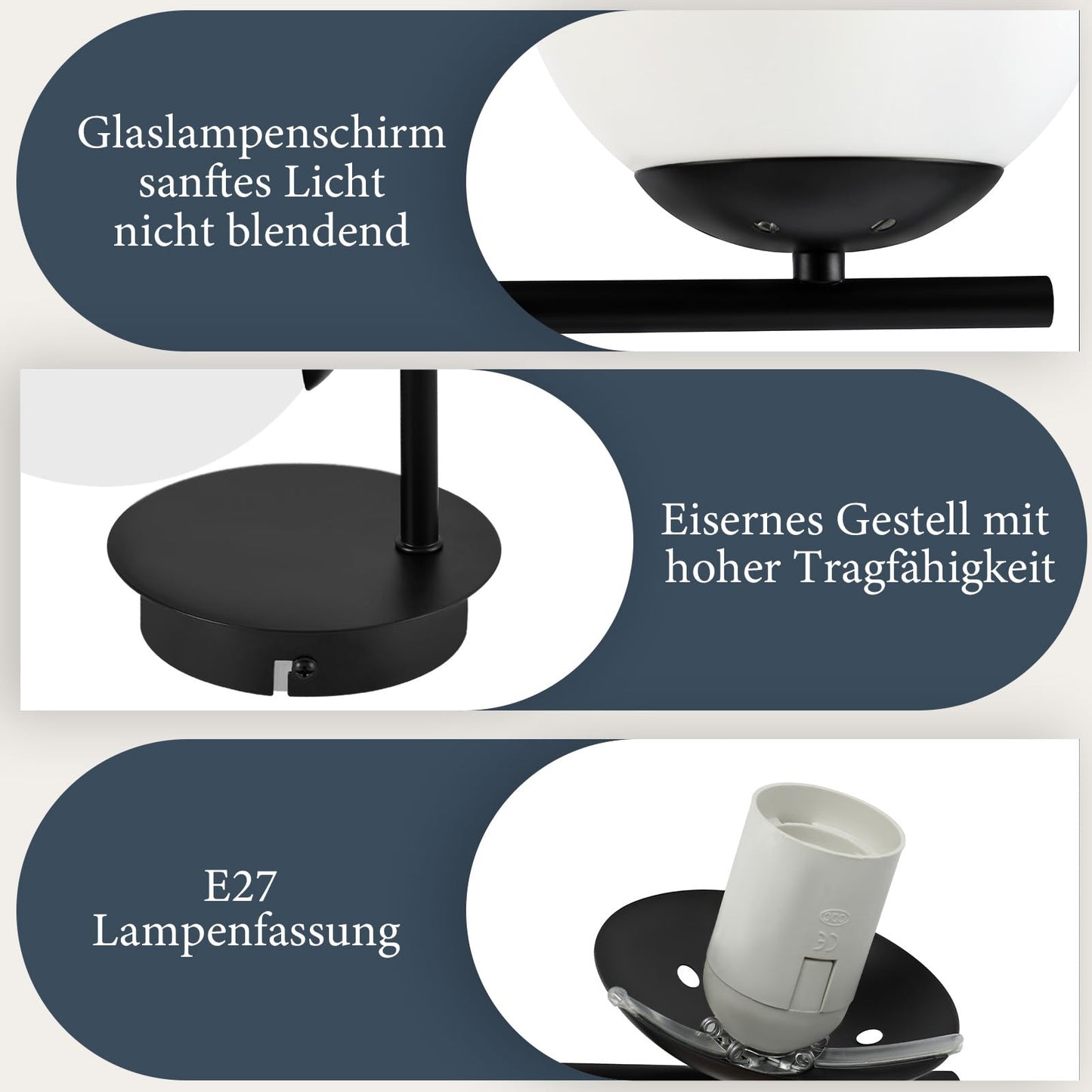 ZMH Wandleuchte Schwarz Wandlampe Innen - E27 Metall Design Modern aus Glas Bettlampe Wandbeleuchtung Badezimmer Vintage Flurlampe für Wohnzimmer Schlafzimmer Flur Kinderzimmer - Ohne Leuchtmittel