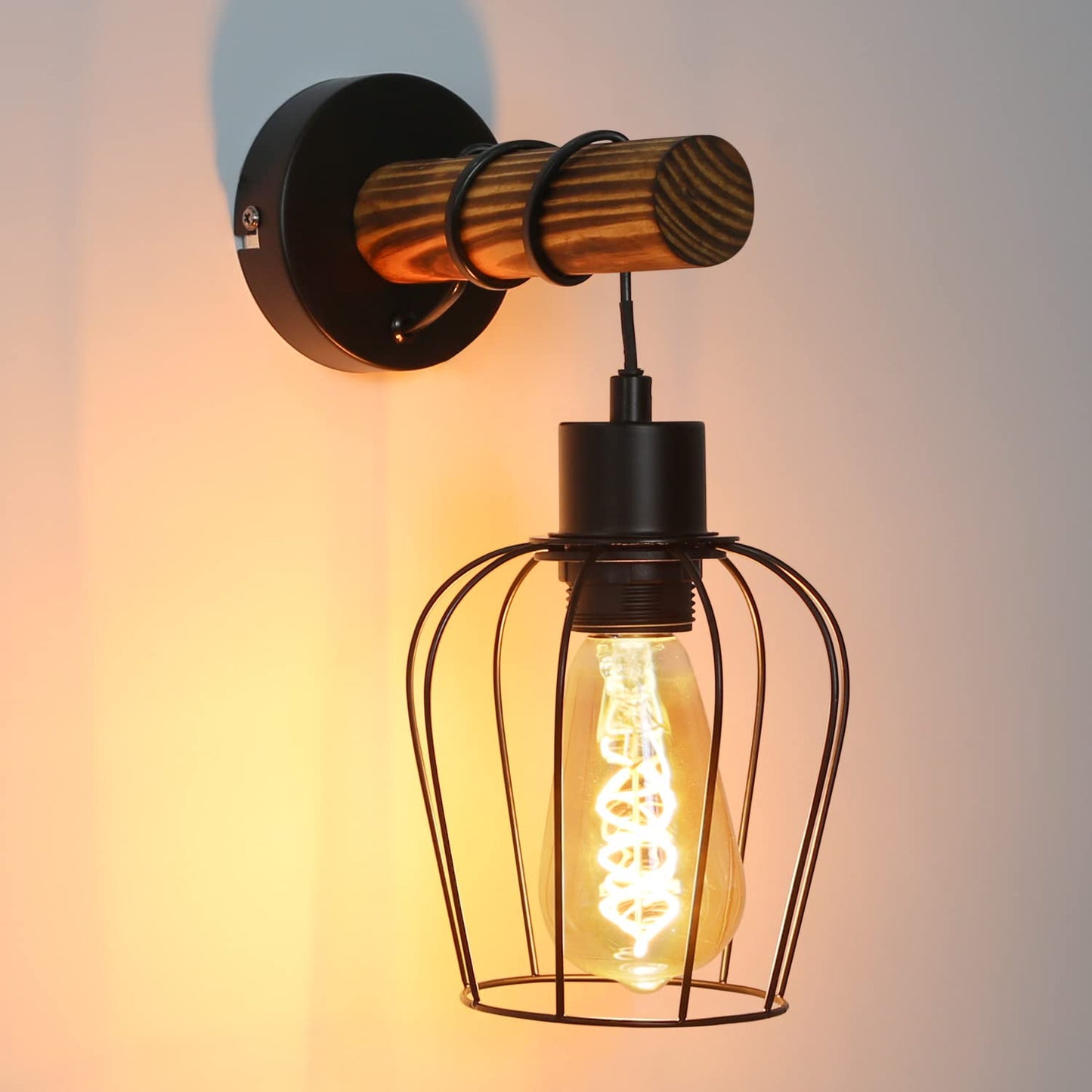 ZMH Wandleuchte innen Holz Wandlampe Vintage Retro mit Schalter Industrial Design E27 Wandstrahler Schwarz mit 1 Flammig aus Metall Wandspot für Schlafzimmer Wohnzimmer Flur Cafe - Ohne Leuchtmittel