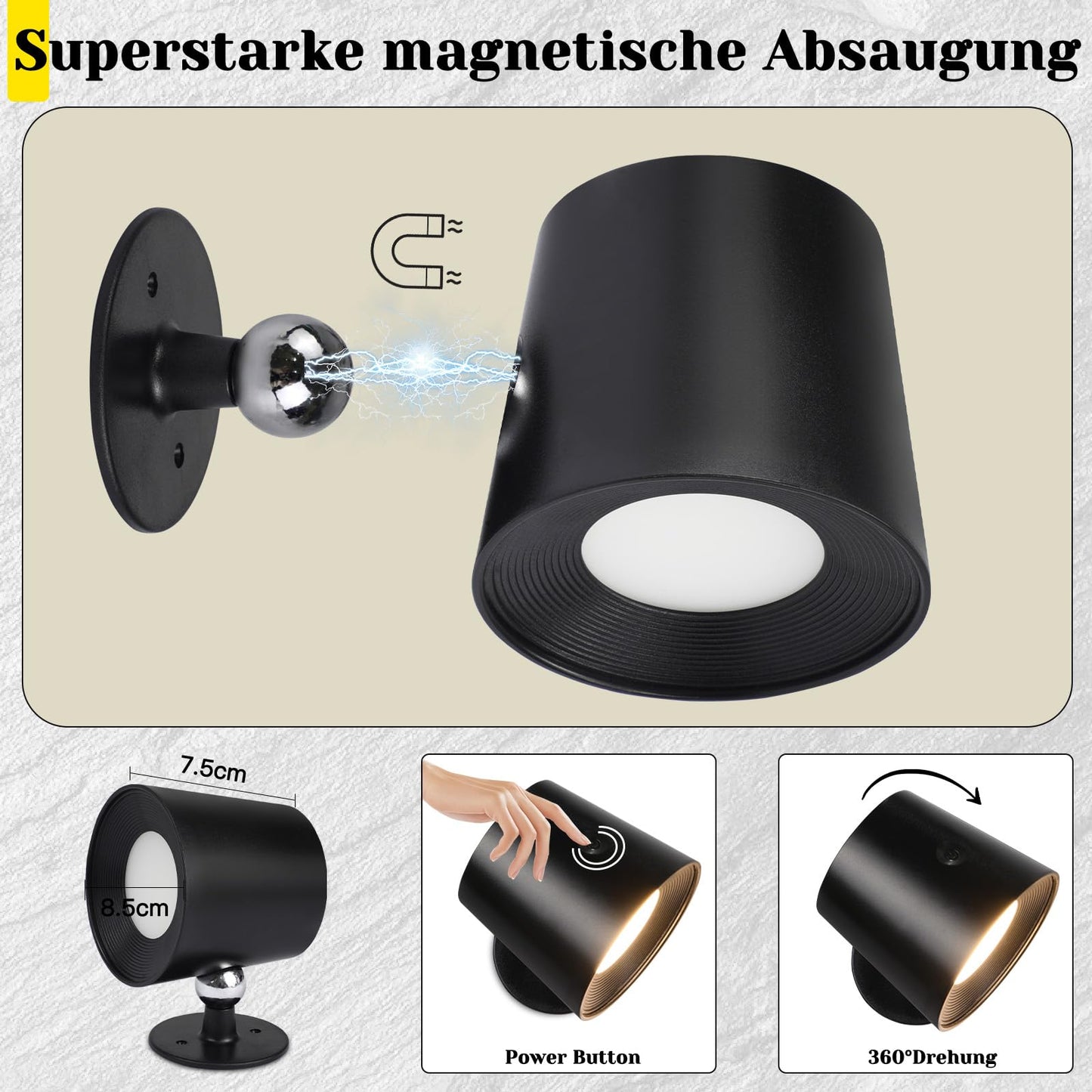 ZMH Wandlampe LED Wandleuchte Innen: Wandlampe mit akku ohne Stromanschluss mit Touch Dimmbar 360° drehbar Leselampe Schwarze Kabellose Wandlicht ohne bohren für Schlafzimmer Flur