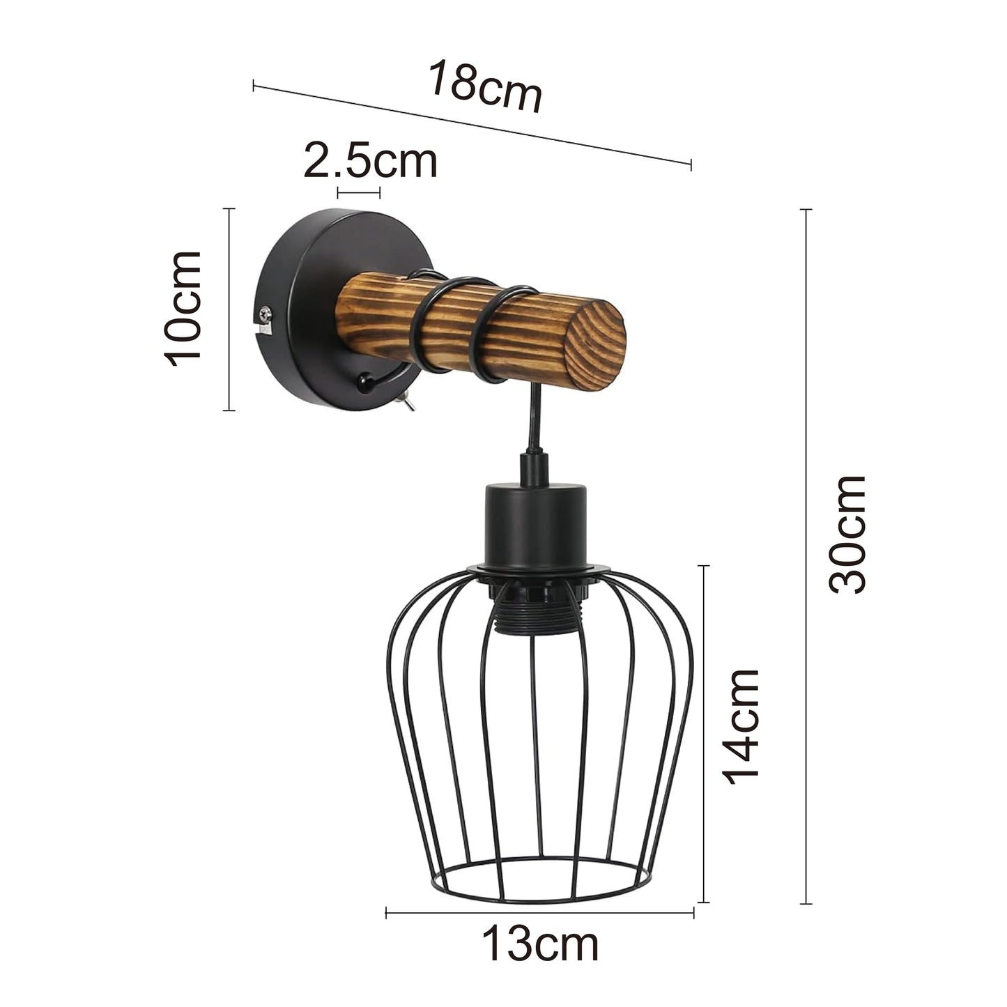 ZMH Wandleuchte innen Holz Wandlampe Vintage Retro mit Schalter Industrial Design E27 Wandstrahler Schwarz mit 1 Flammig aus Metall Wandspot für Schlafzimmer Wohnzimmer Flur Cafe - Ohne Leuchtmittel