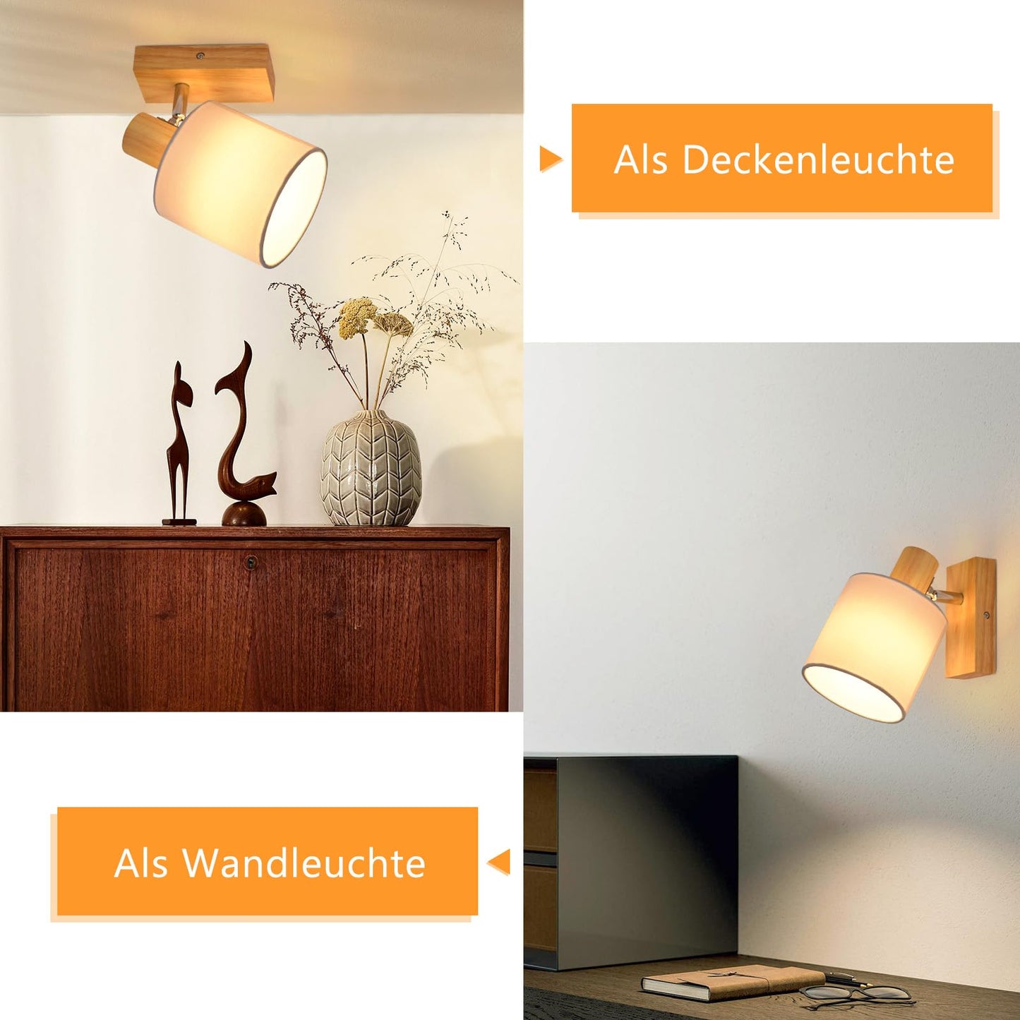 ZMH Wandleuchte Innen Wandstrahler Vintage - Holz Wandlampe Wandspot Retro E14 Schwenkbar Wandbeleuchtung Wand Lampen Industrial Stoffschrim MAX.40W für flur Küche, ohne Leuchtmittel