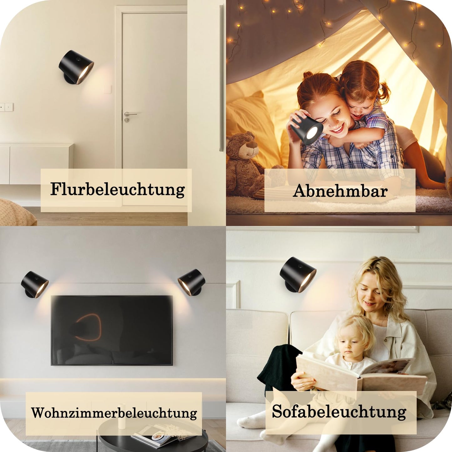 ZMH Wandlampe LED Wandleuchte Innen: Wandlampe mit akku ohne Stromanschluss mit Touch Dimmbar 360° drehbar Leselampe Schwarze Kabellose Wandlicht ohne bohren für Schlafzimmer Flur