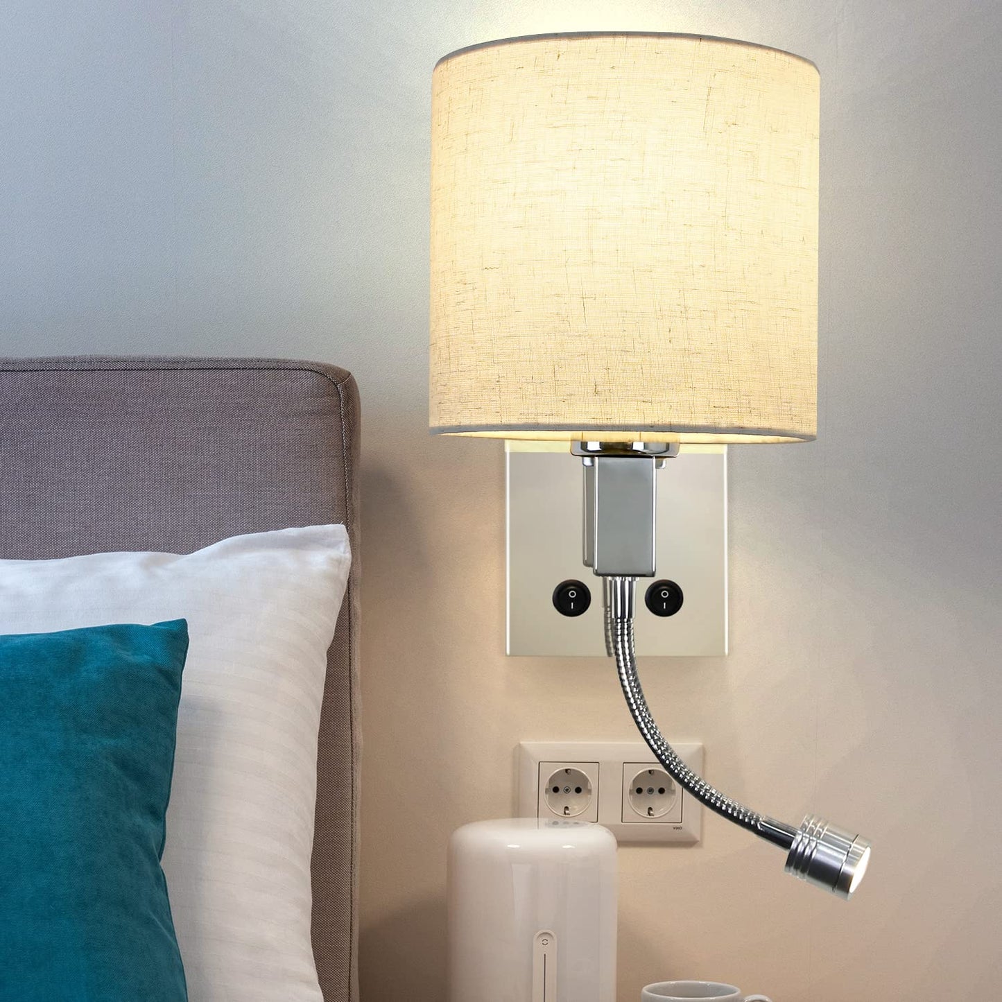 ZMH Led Wandlampe mit Schalter Wandleuchte innen - Leselampe Schlafzimmer Stoffschirm Schwenkbar Bettleuchte Leseleuchte Mit Flexleuchte Stoff Bettlampe Nachttischlampe für Bett Wohnzimmer Flur Hotel