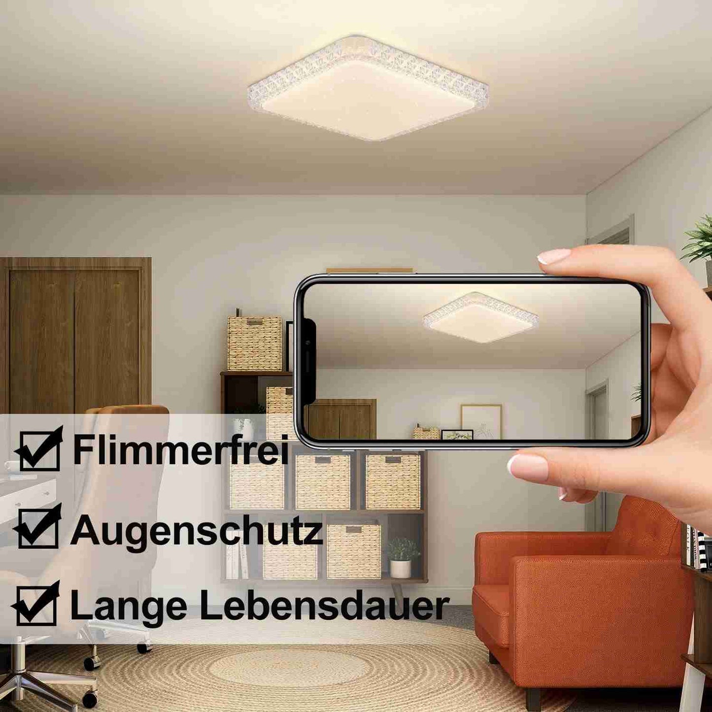 ZMH Deckenlampe LED Deckenleuchte Schlafzimmer - Schlafzimmerlampe Dimmbar mit Fernbedienung 30CM Deckenbeleuchtung Kristall 32W Küchenlampe Modern Flurlampe Quadratisch für Wohnzimmer Küche Flur