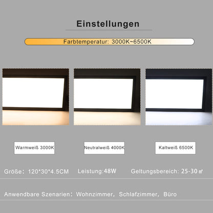 ZMH LED Panel Schwarz Deckenleuchte Dimmbar - 120x30CM Deckenlampe Flach Büro mit Fernbedienung Wohnzimmerlampe 48W Küchenlampe Deckenpanel Modern Weiß Büroleuchte für Küche Schlafzimmer Flur