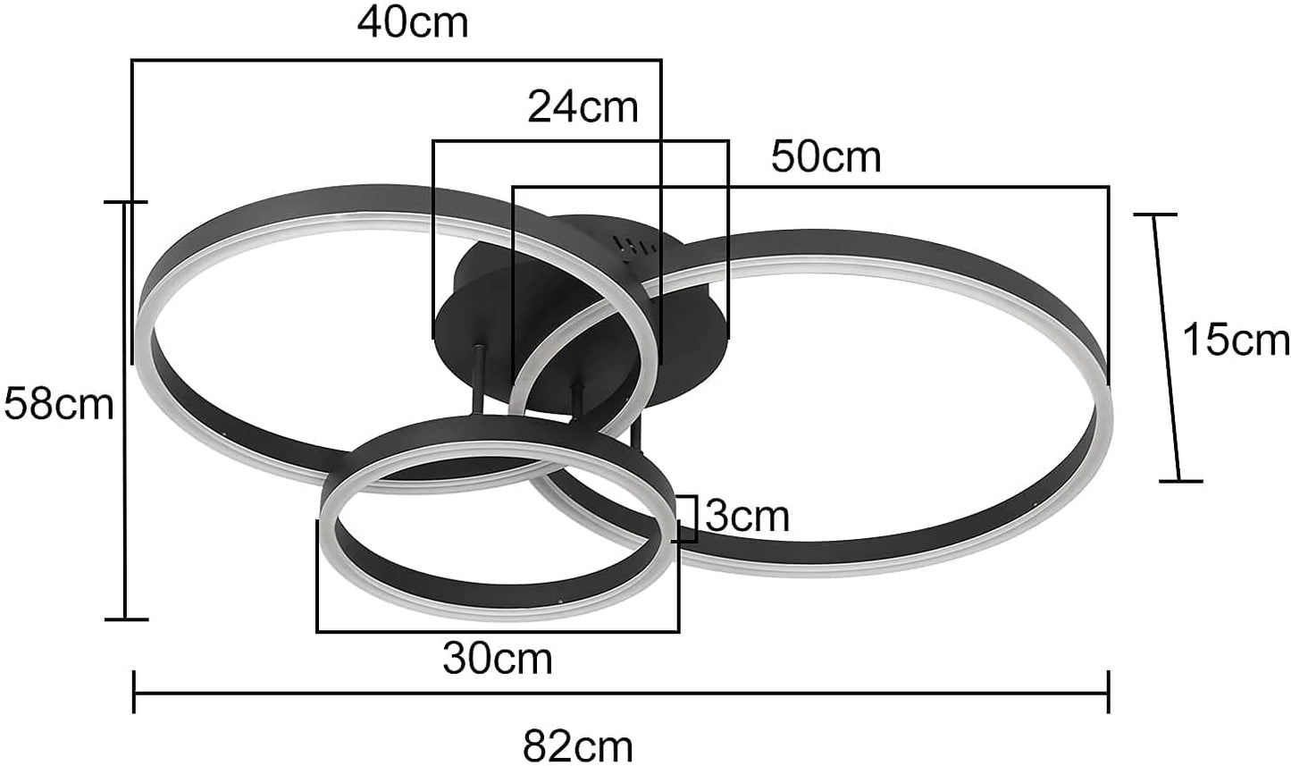 ZMH Deckenlampe LED Deckenleuchte Wohnzimmer - Schwarz Dimmbar 82CM Wohnzimmerlampe mit Fernbedienung 74W mit 3 Ringen Design aus Acryl für Schlafzimmer Büro Küche Arbeitszimmer Hotel