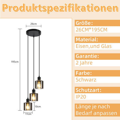 ZMH Pendelleuchte Esstisch Hängelampe Wohnzimmer - Esstischlampe Hängend E27 Hängeleuchte 3 Flammig Vintage Esszimmerlampe Industrial Höhenverstellbar Pendellampe für Hotel Büro (ohne Leuchtmittel)